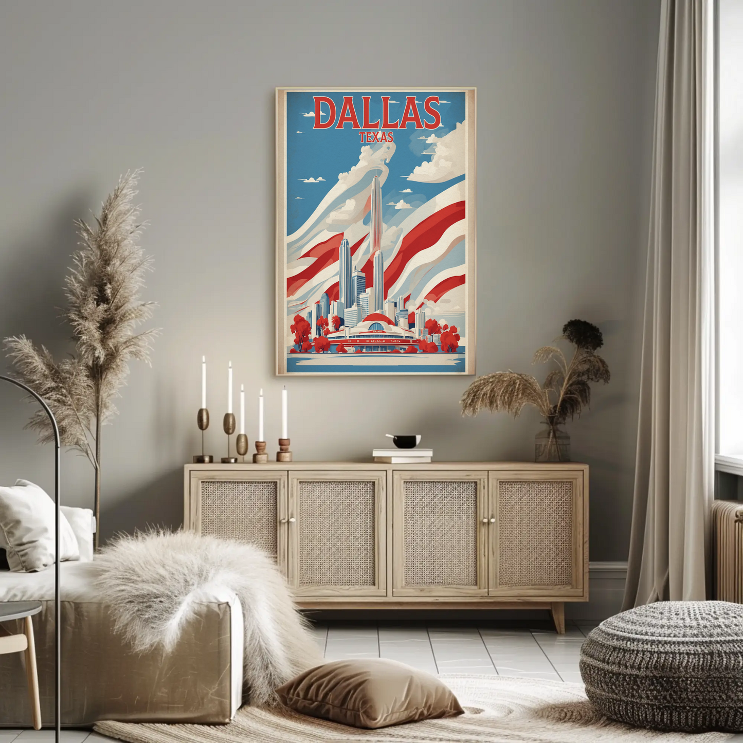 Dallas Texas Skyline Red White Blue Vintage Travel Poster