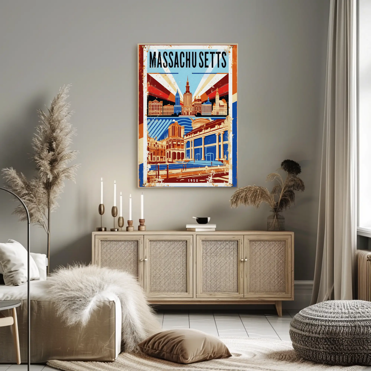 Massachusetts USA 1950 Capitol Skyline Vintage Travel Poster