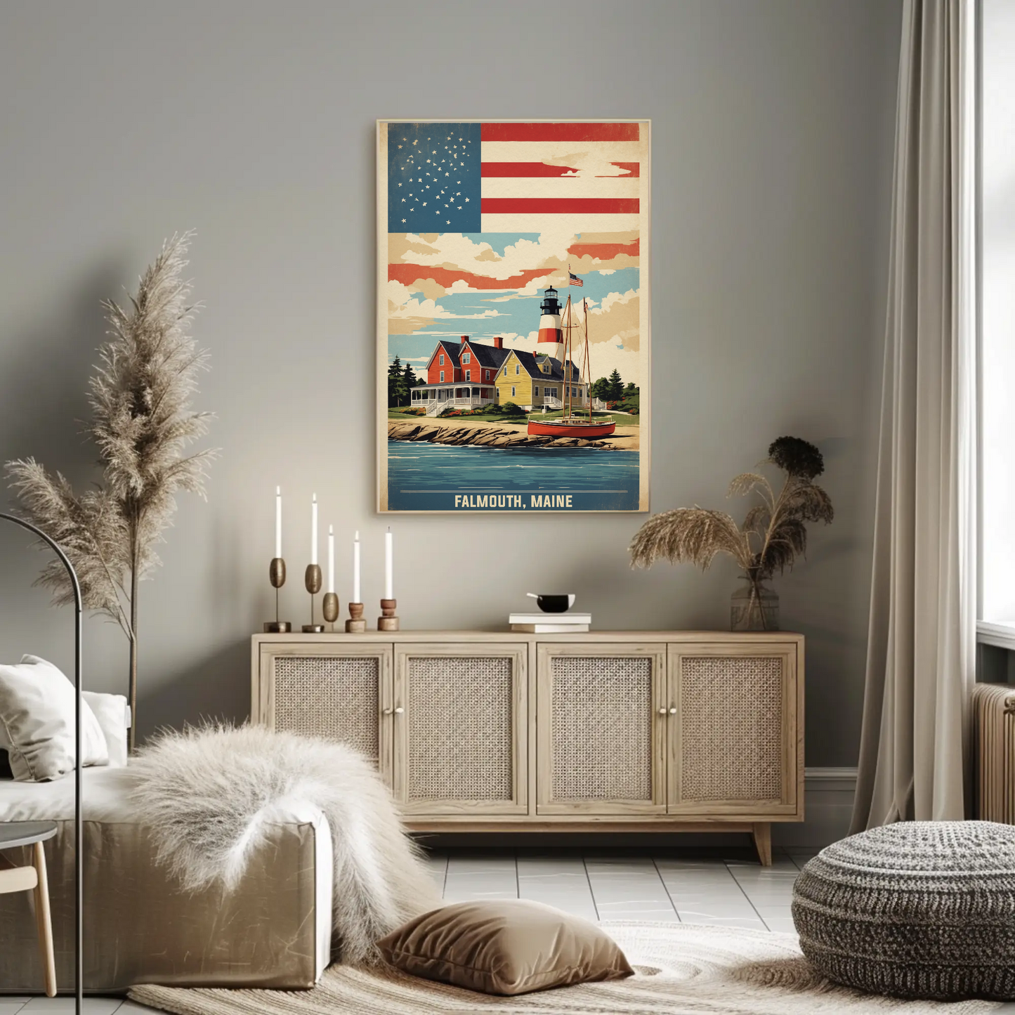 Falmouth Maine Lighthouse Harbor Scene Vintage Travel Poster