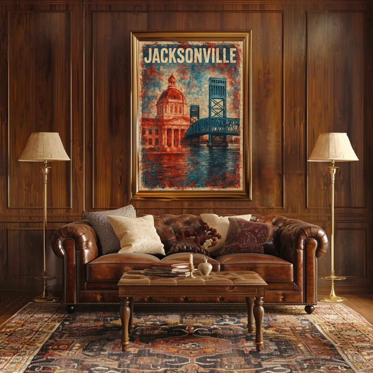 Jacksonville Landmarks Americana Cityscape Watercolor Florida Skyline Heritage Texture Patriotic Poster