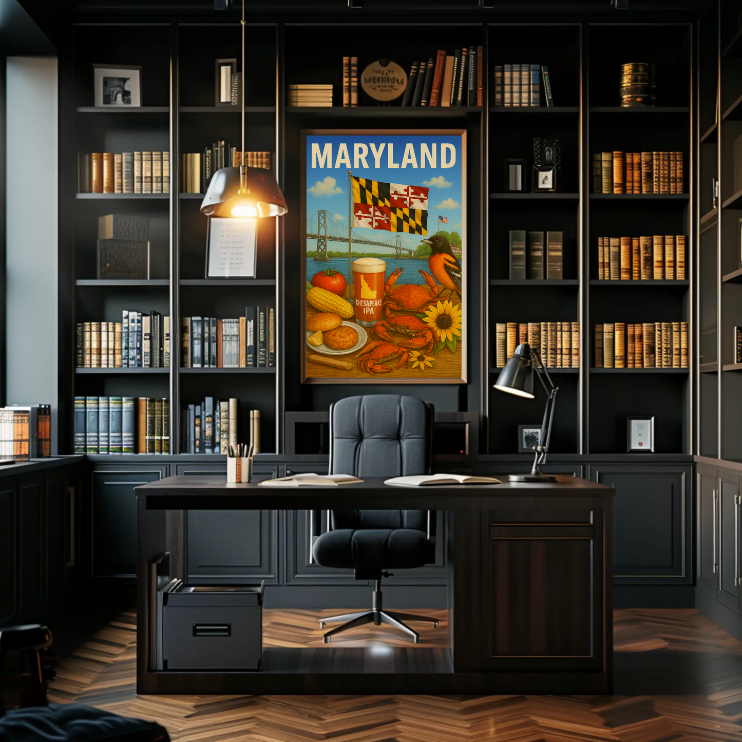 Maryland Crab Bridge Beer Corn Bird Flag Travel Poster