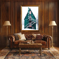 Charming Winter Cabin in Snowy Forest Scene