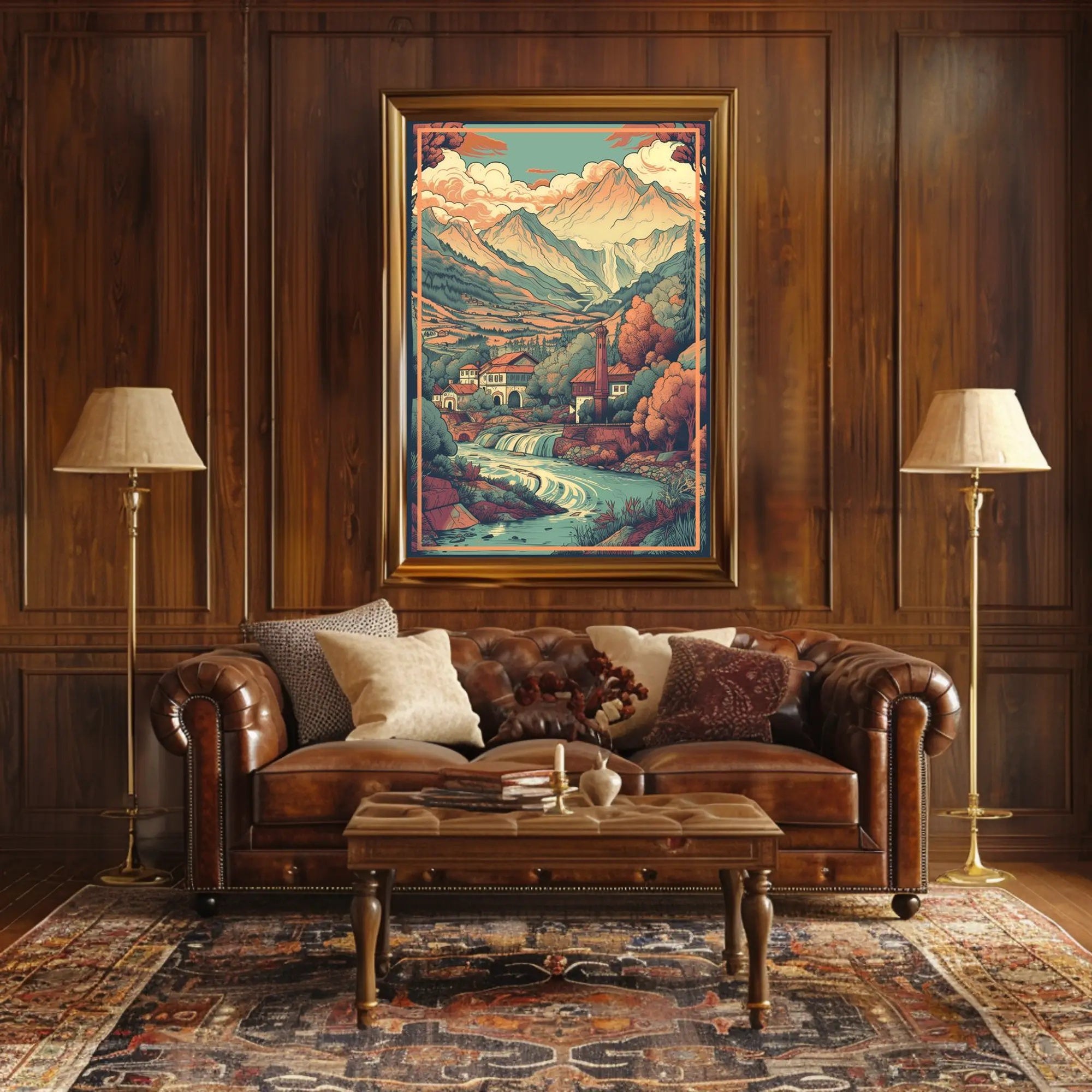 Serene Mountain Village: Tranquil Escape with Cascading River Poster
