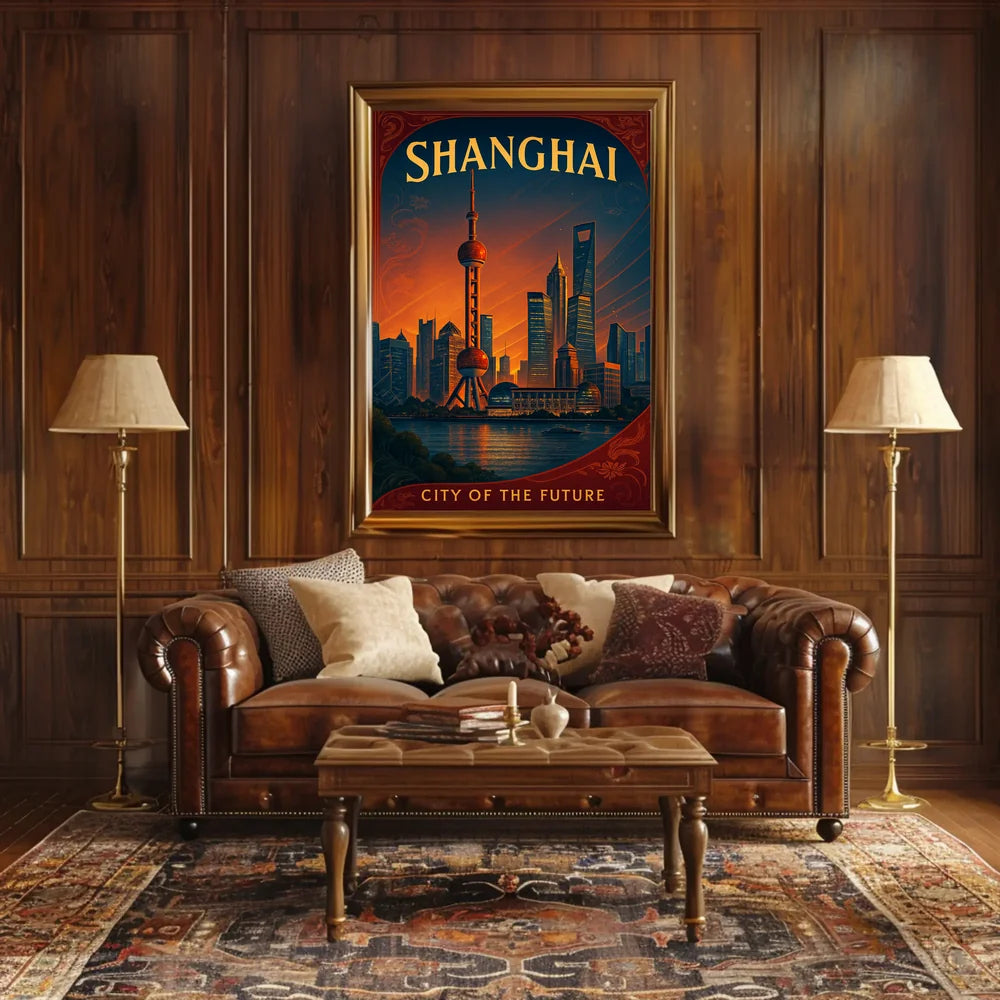 Shanghai Skyline Future Vision Retro Cityscape Urban Poster PosterGoat