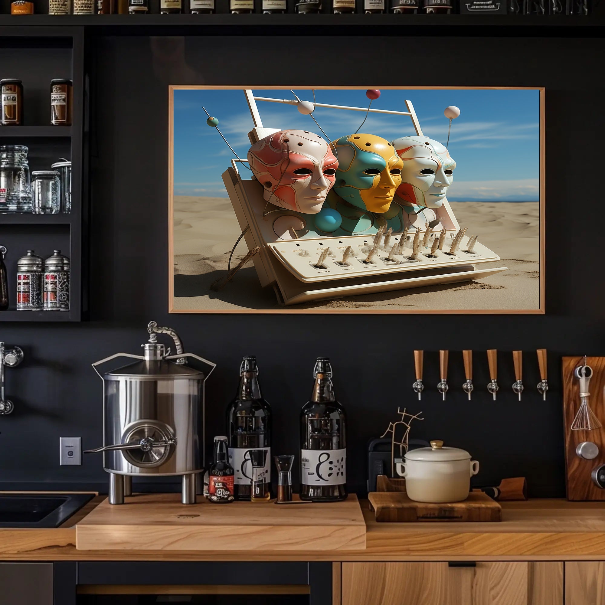 Futuristic Masks in Surreal Desert Sci-Fi Poster