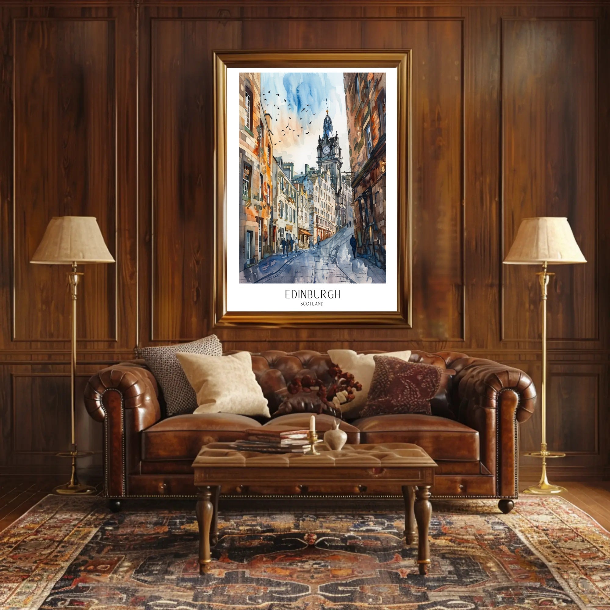 Edinburgh Street Scene in Watercolor Travel Poster PosterGoat