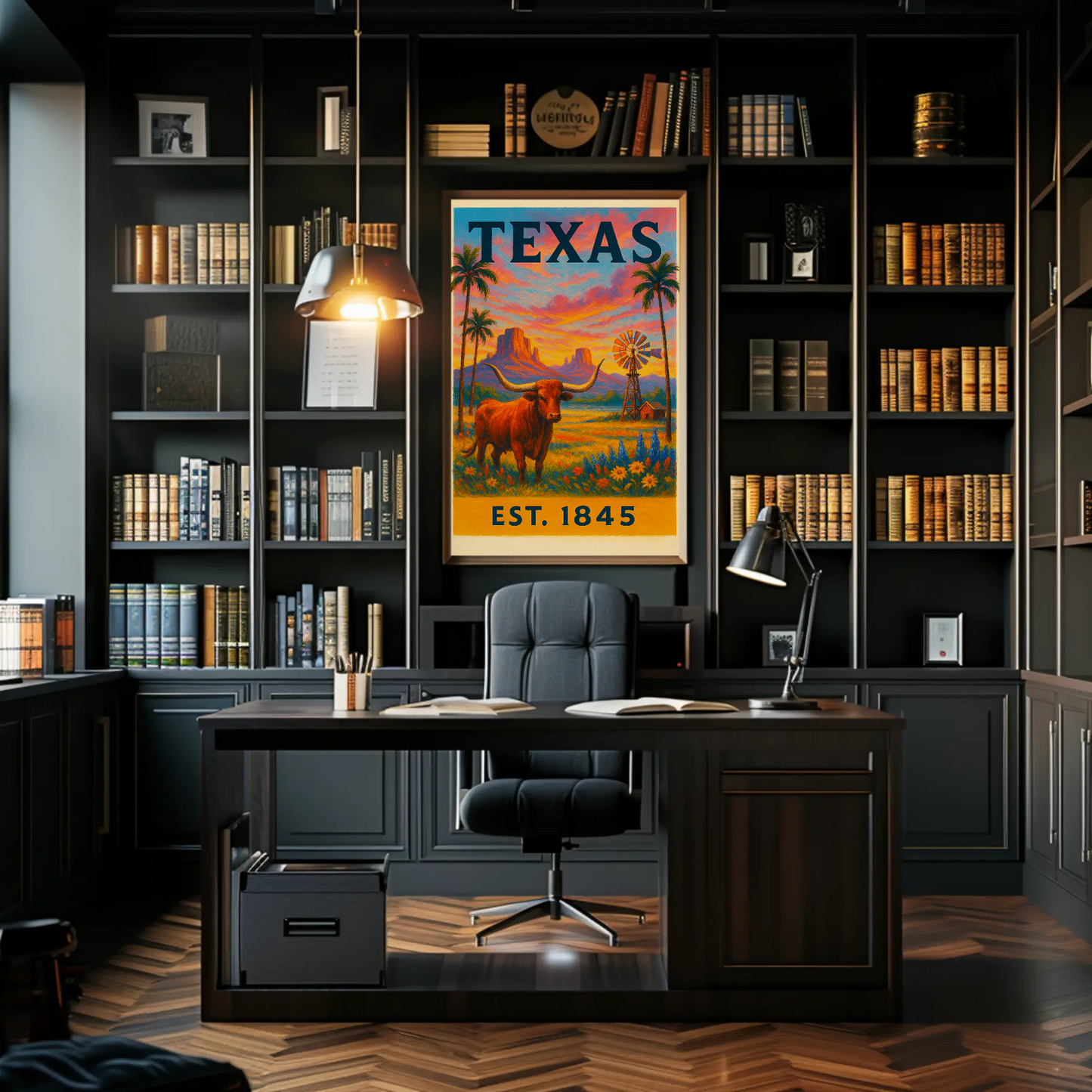Texas Sunset Longhorn Windmill Landscape Travel Poster