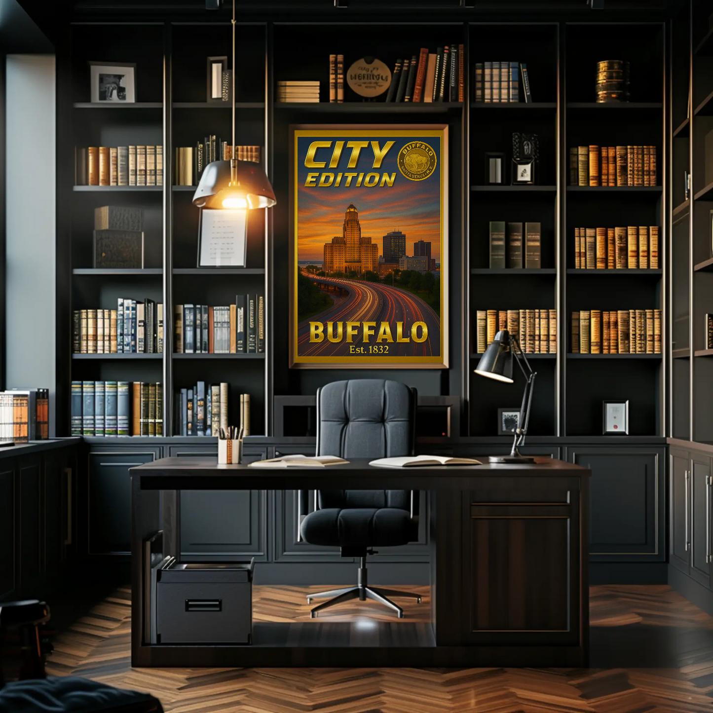 Buffalo New York Skyline Highway Sunset Poster Poster