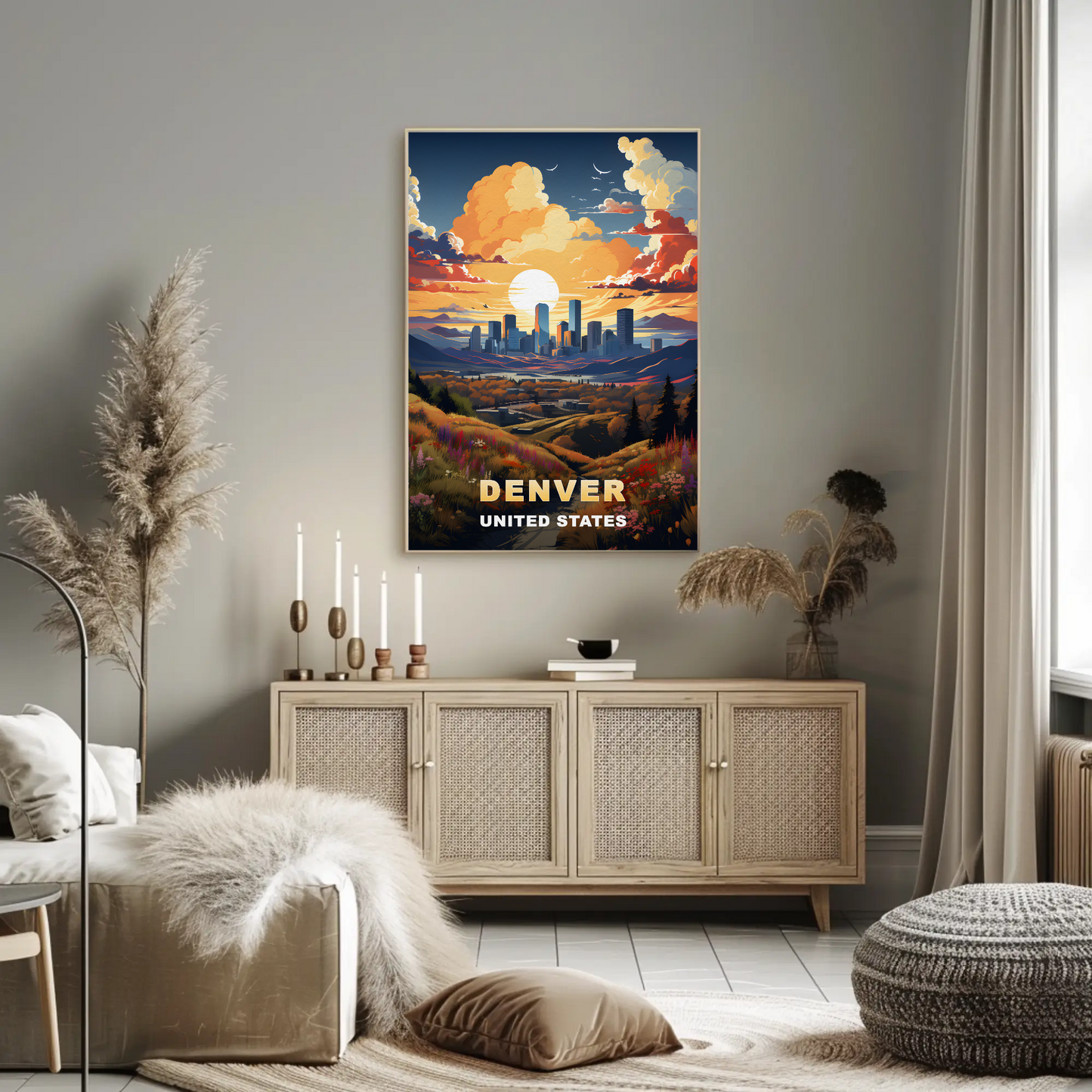 Denver Sunset Skyline Mountains Vintage Travel Poster