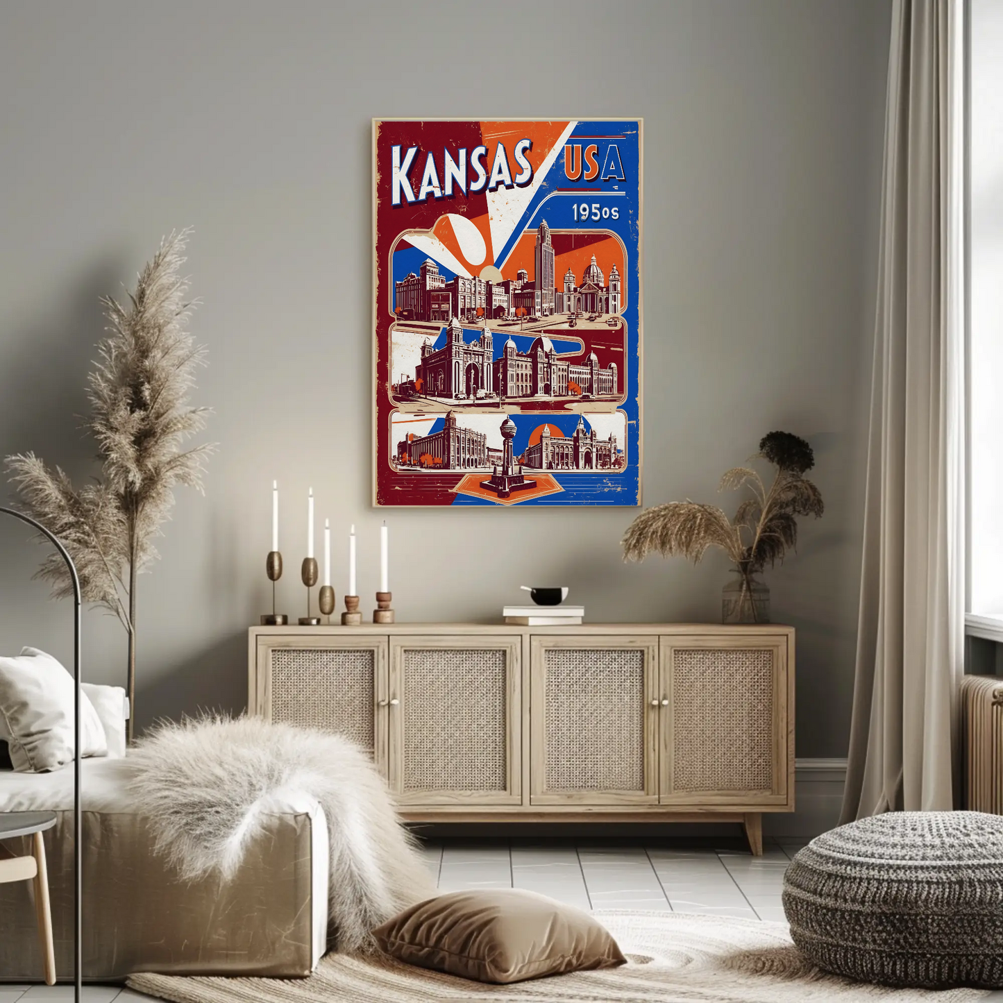 Kansas USA 1950s Grand Structures Vintage Maroon Travel Poster
