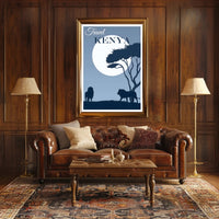 Kenya Silhouette Travel Print with Majestic Lions and Moonlight