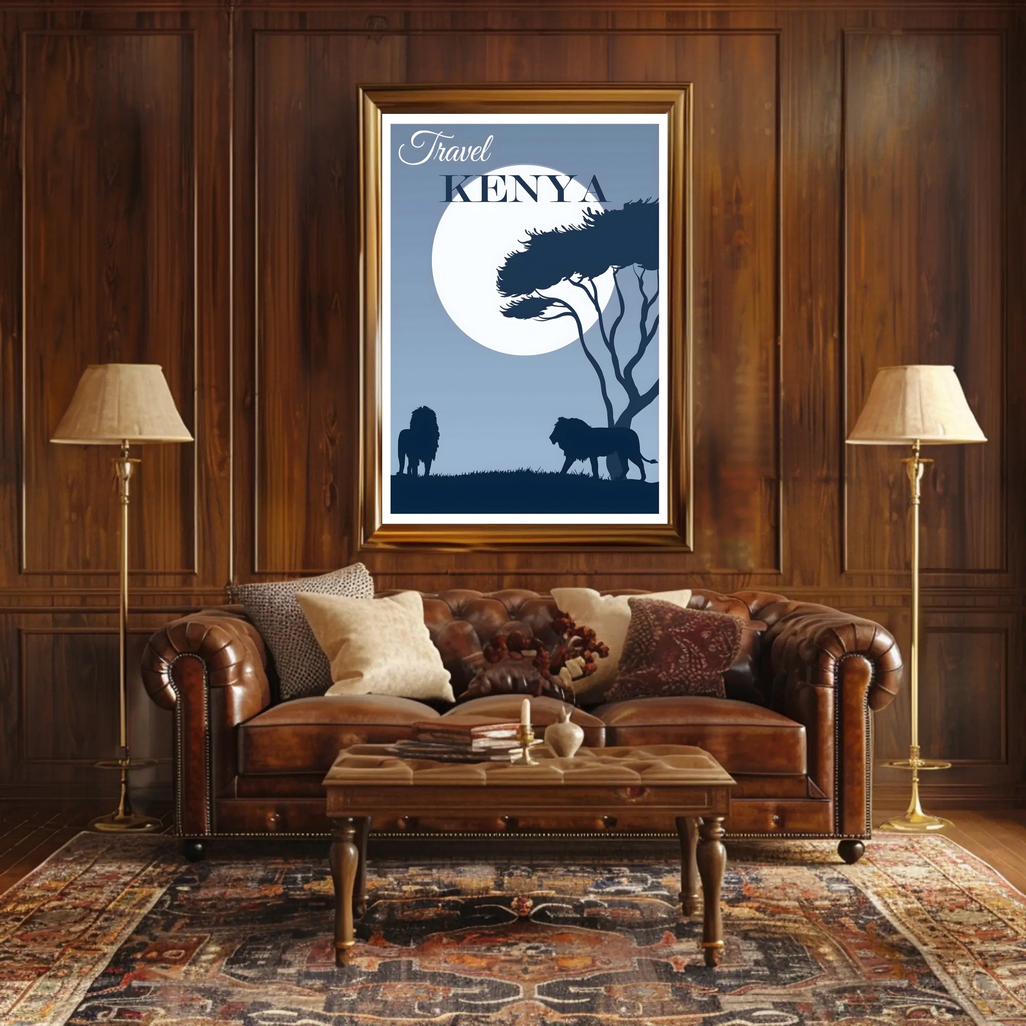 Kenya Silhouette Travel Print with Majestic Lions and Moonlight