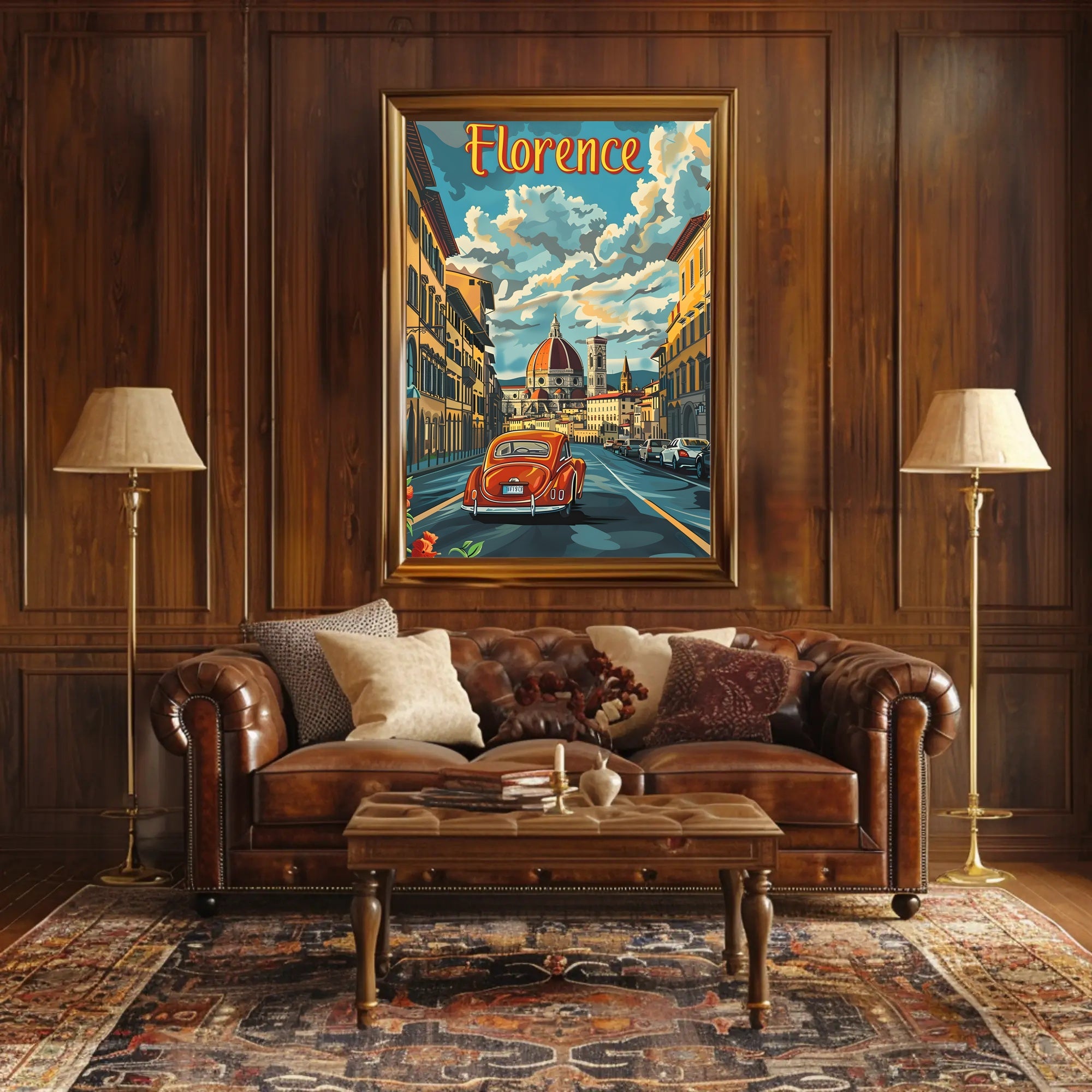 Florence Cathedral scene with vintage car poster