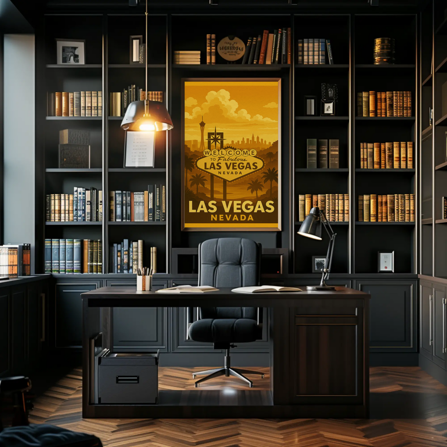 Golden Las Vegas Skyline Welcome Sign Retro Poster