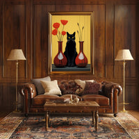 Black Cat And Red Vases Poster