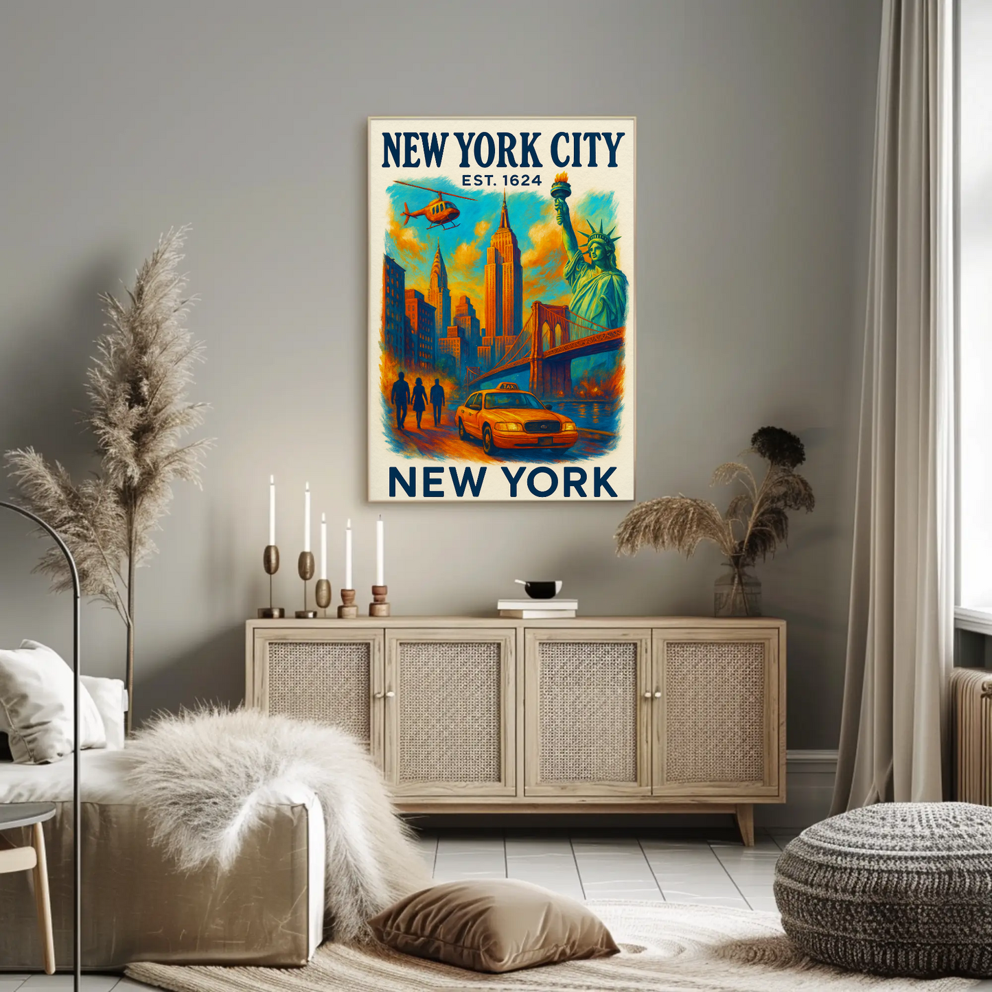 New York City Skyline Taxi Liberty Vintage Travel Poster