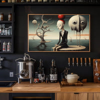 Surreal Humanoid with Red Sphere Hat Artistic Poster