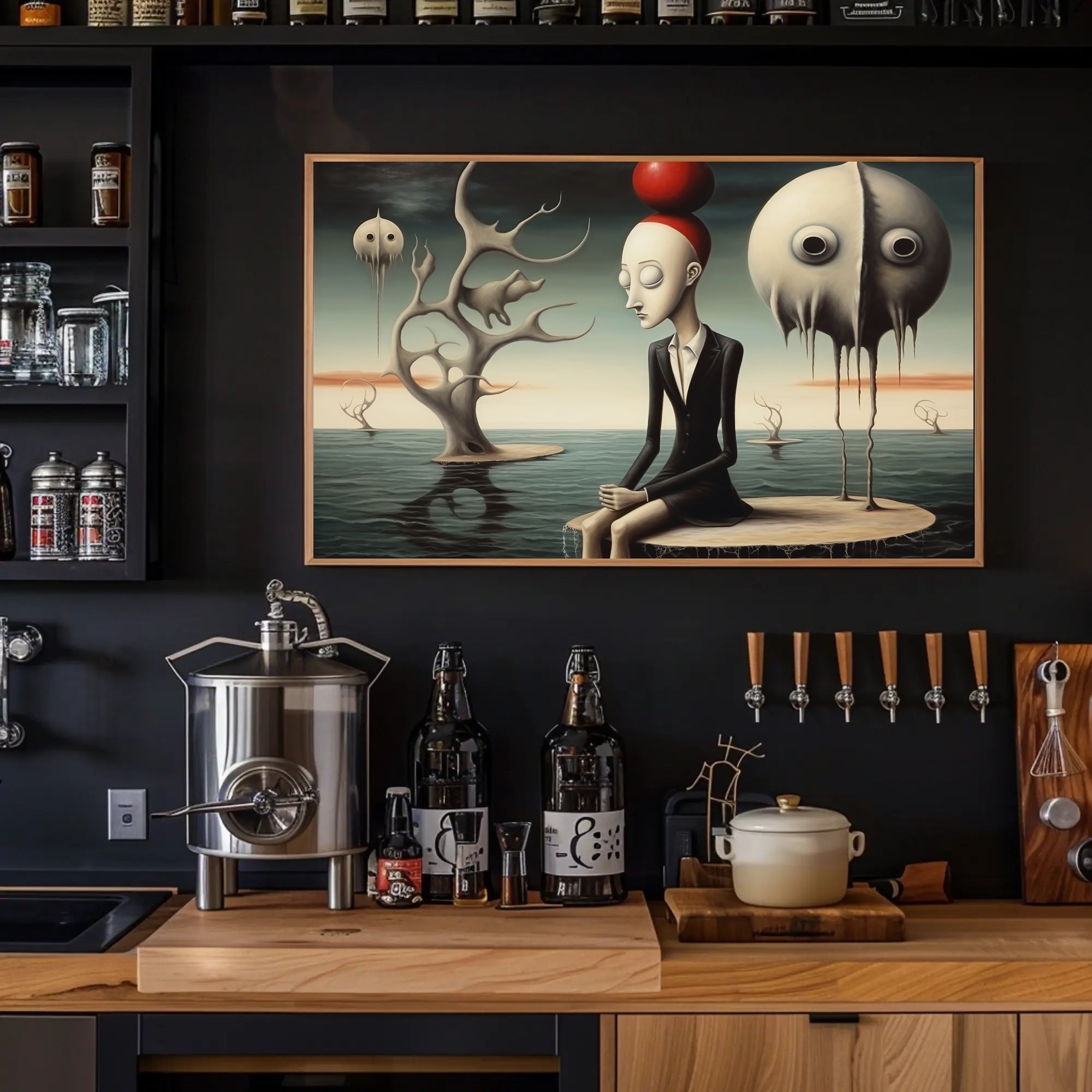 Surreal Humanoid with Red Sphere Hat Artistic Poster