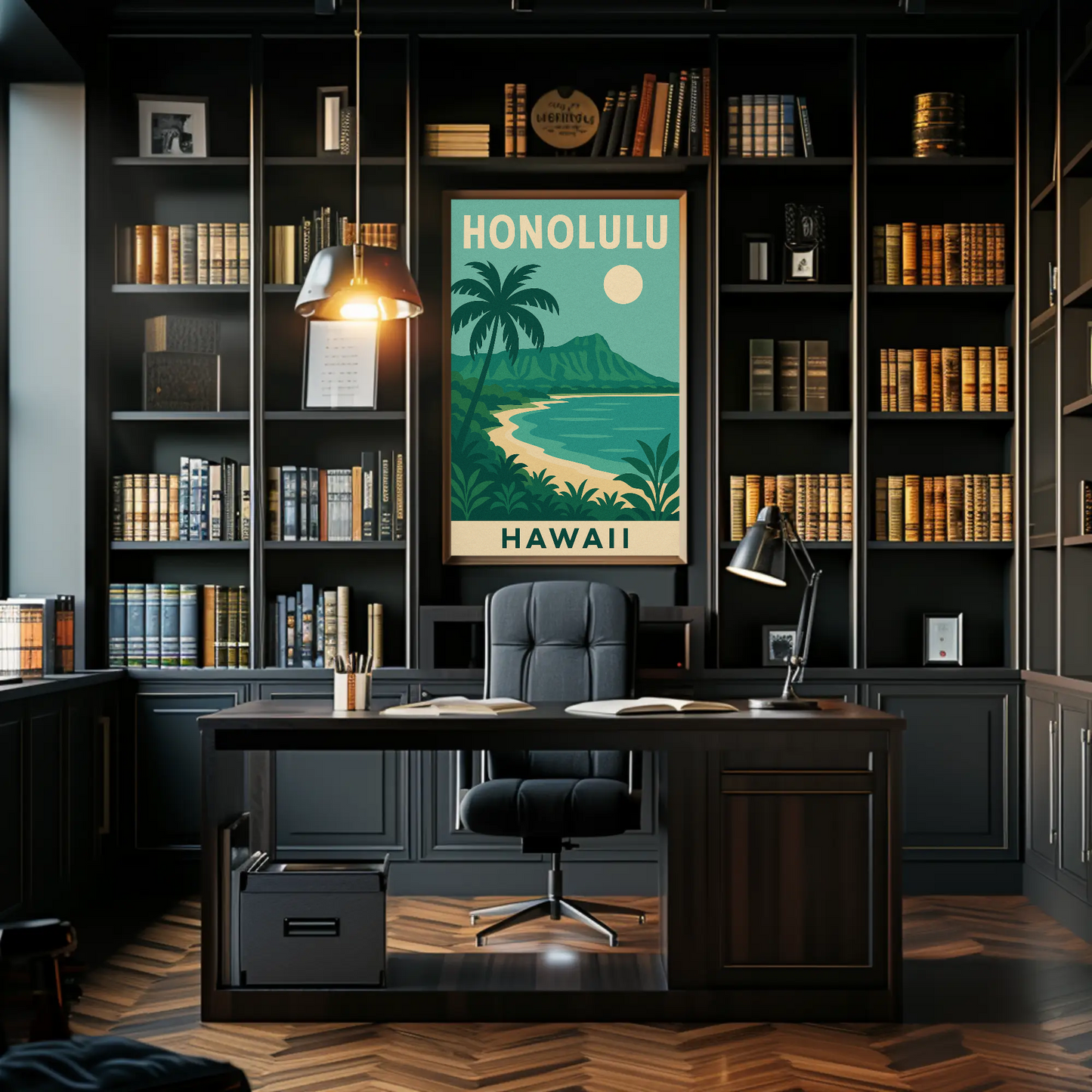 Honolulu Hawaii Beach Palm Trees Coastline Travel Poster