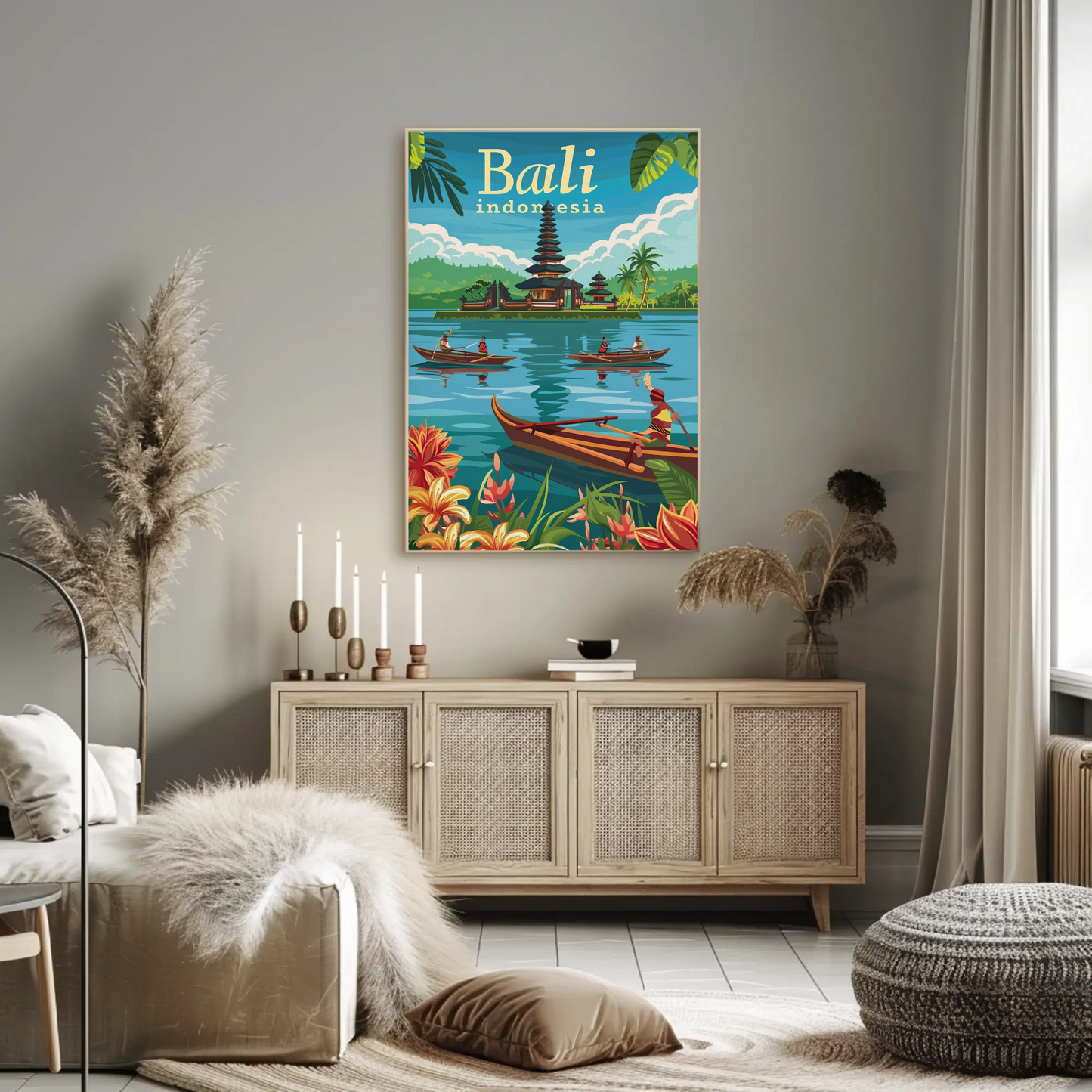 Bali Indonesia Vintage Travel Poster - Temple & Canoes