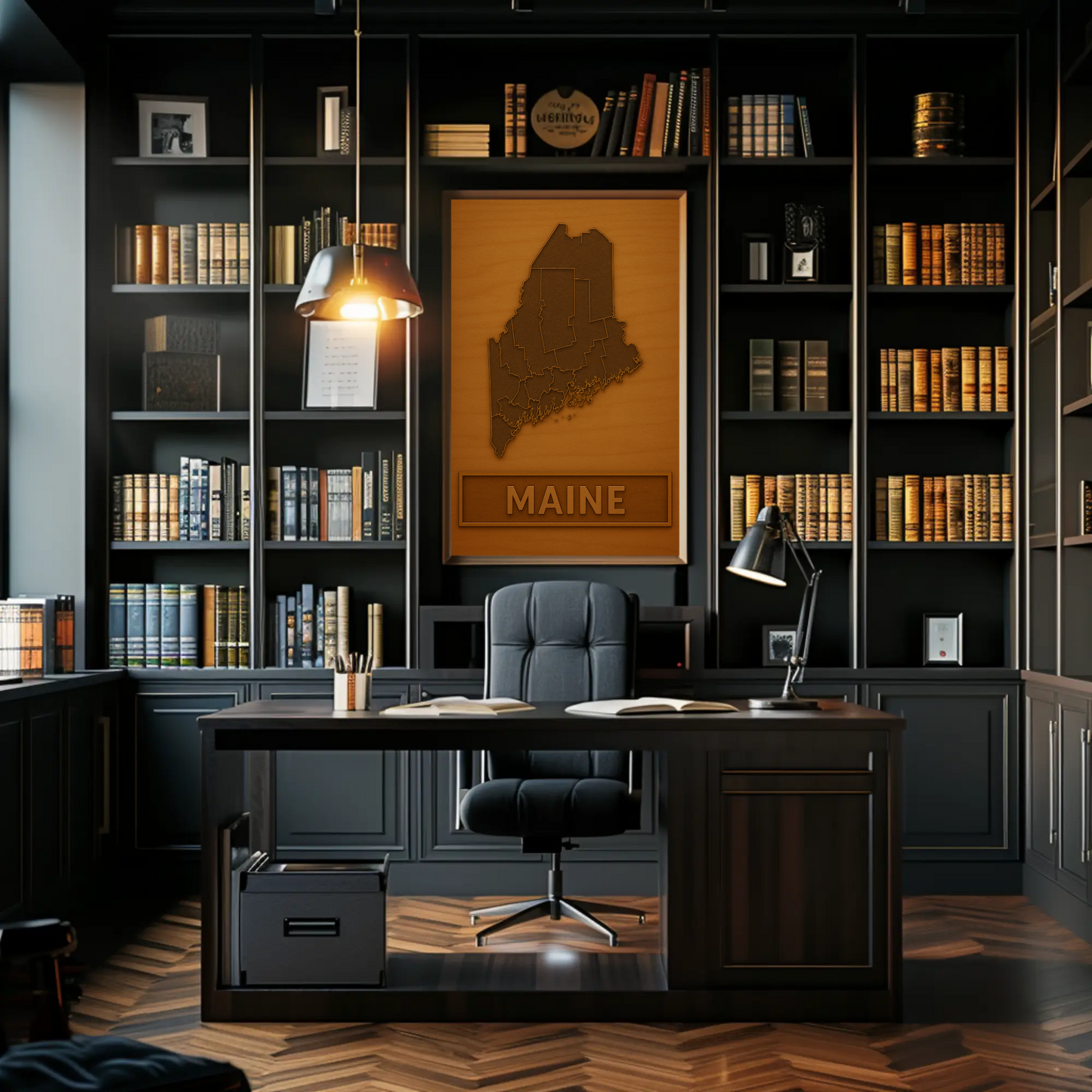Maine Wooden Engraved State Outline Vintage Travel Poster
