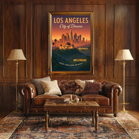 Los Angeles Sunset Skyline Vintage Travel Poster