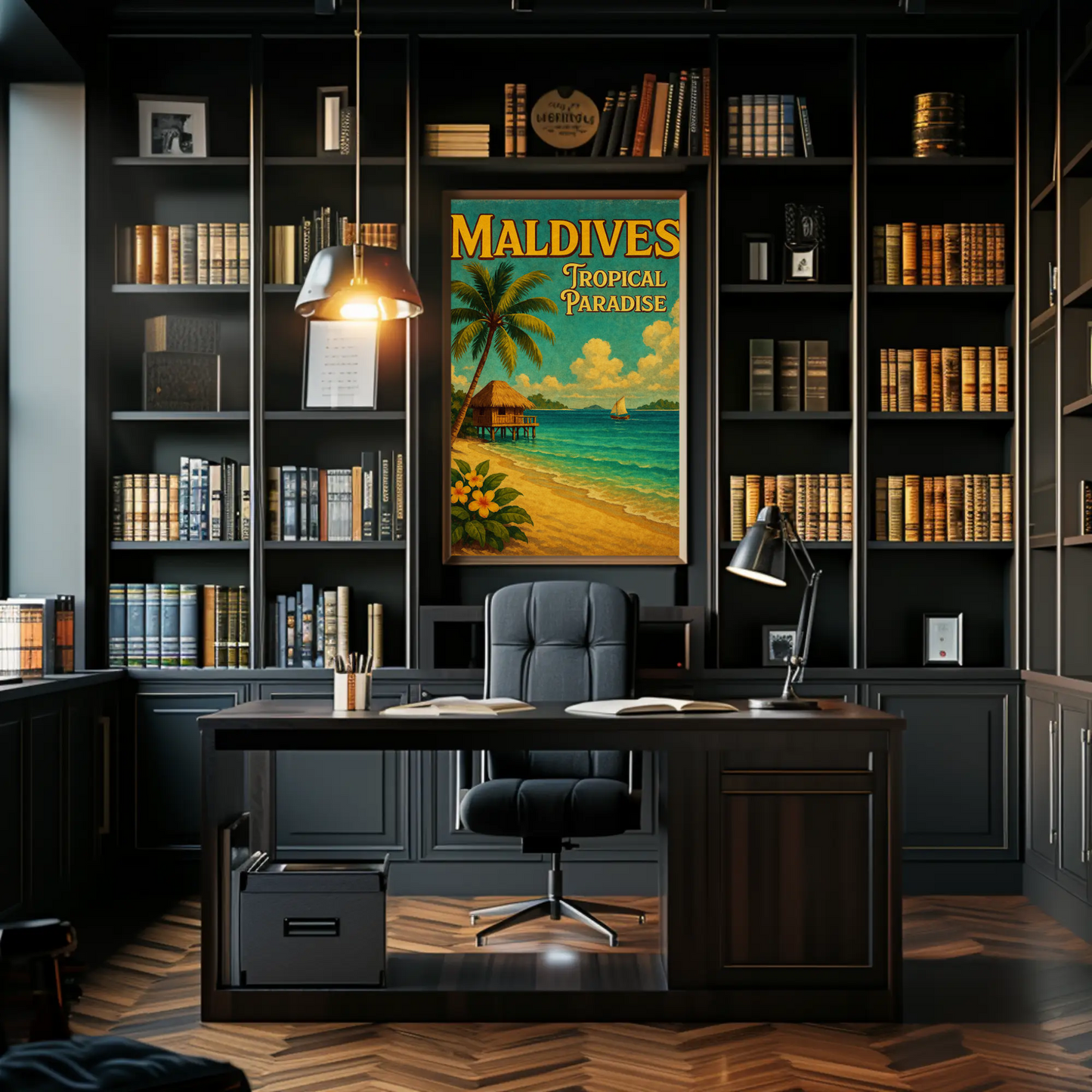 Maldives Tropical Hut With Sailboat Scene Travel Poster