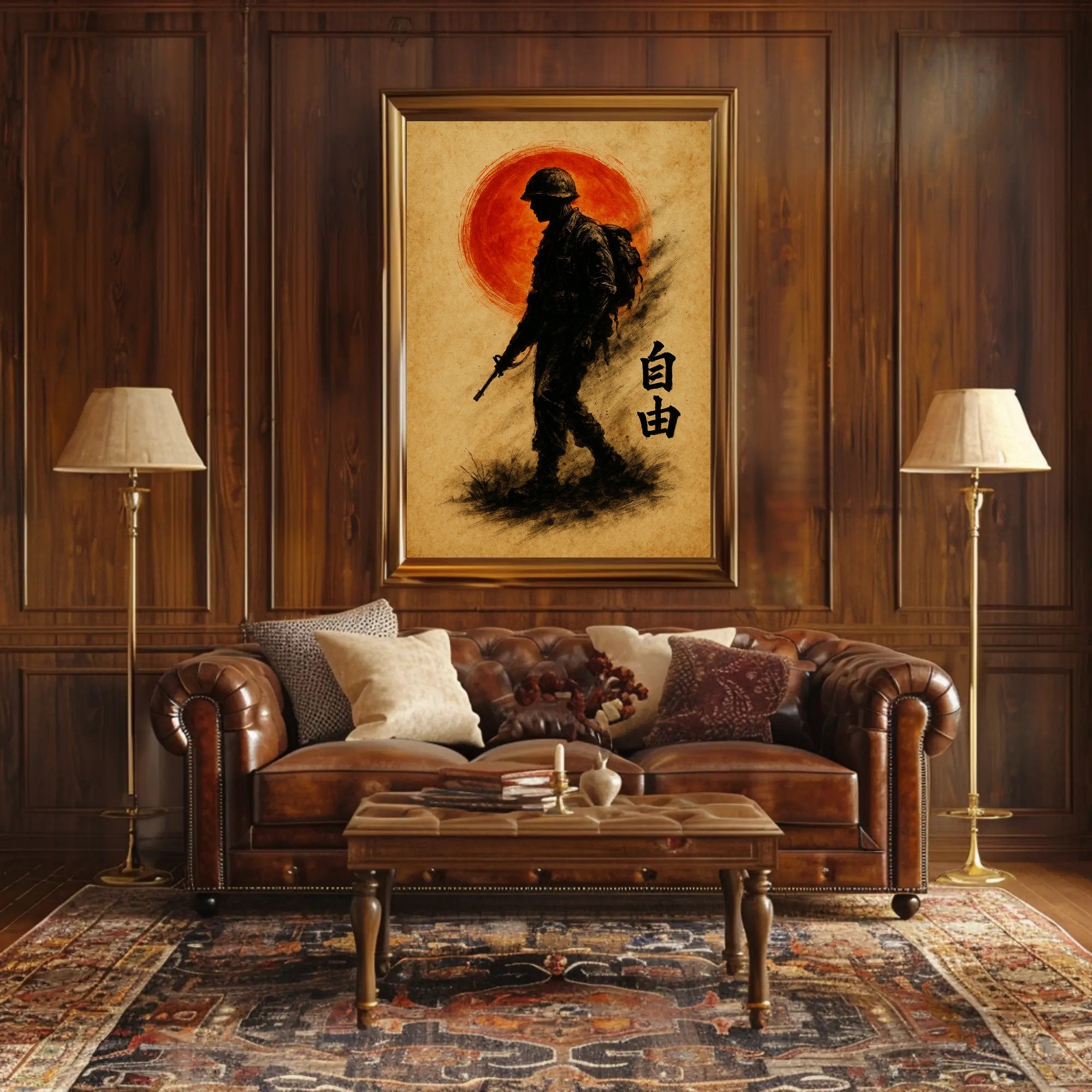 Silhouette Soldier with Crimson Sun WWII Poster