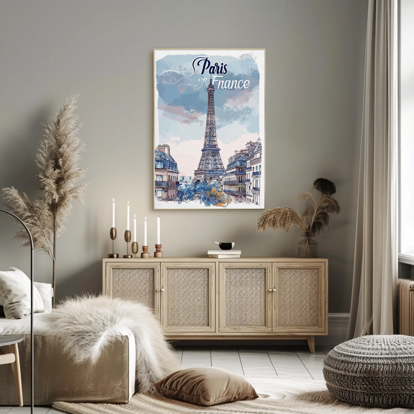 Paris France Watercolor Eiffel Tower View