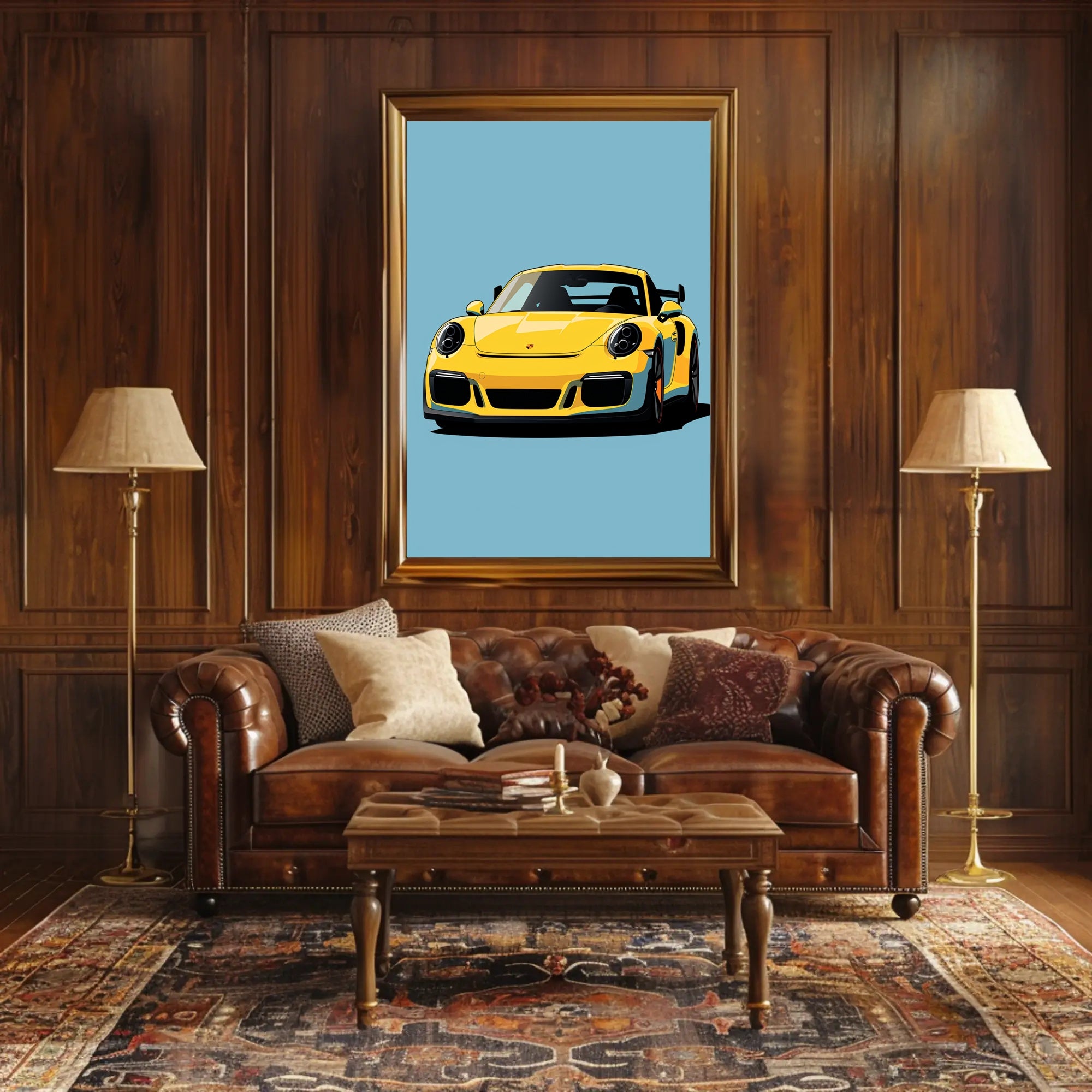Vibrant Yellow Sports Car Illustration Poster PosterGoat