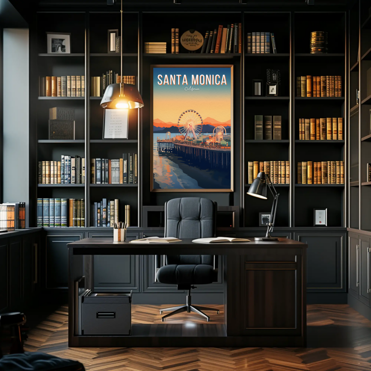 Santa Monica California Pier Sunset Ocean Ferris Poster