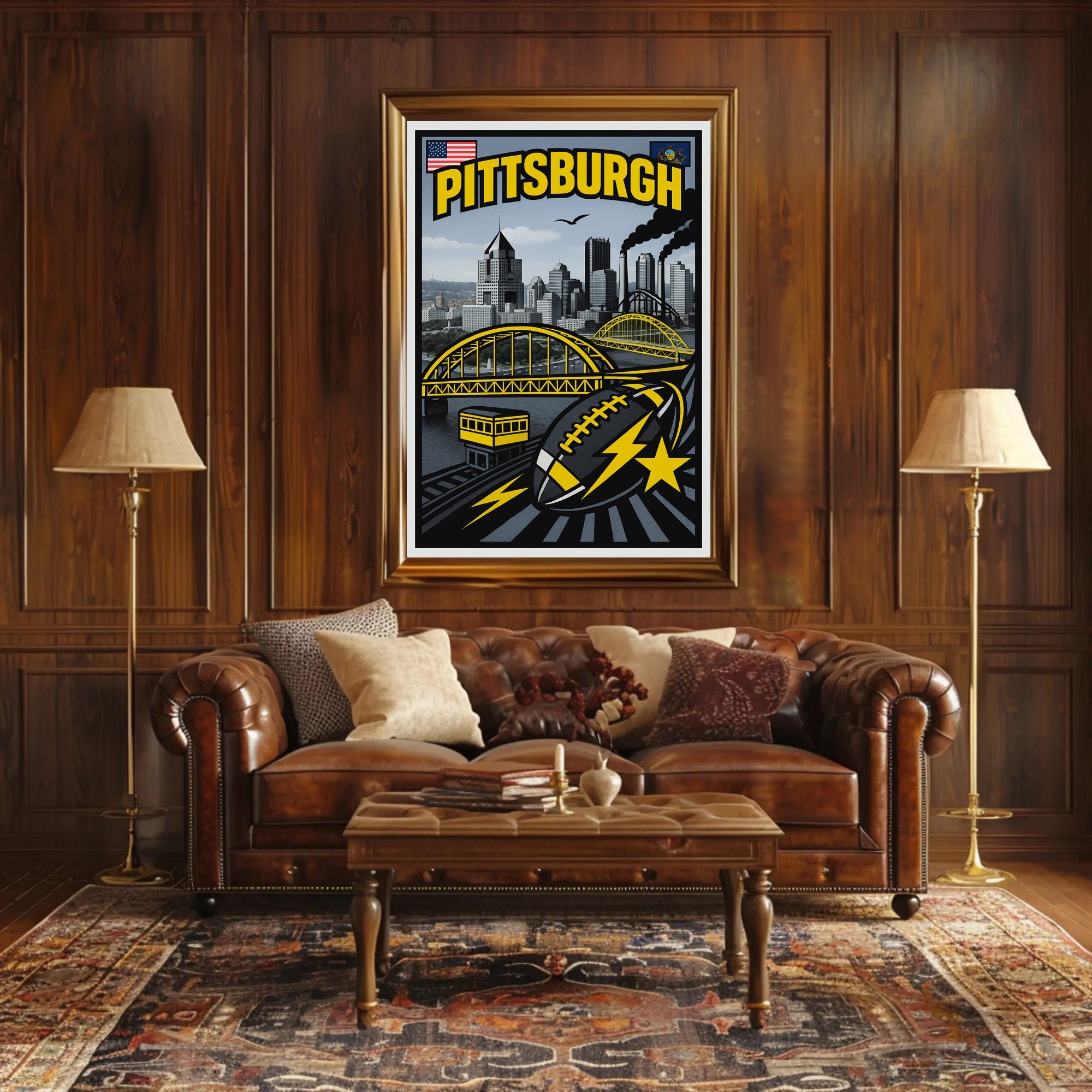 Pittsburgh Skyline and Symbols Poster PosterGoat