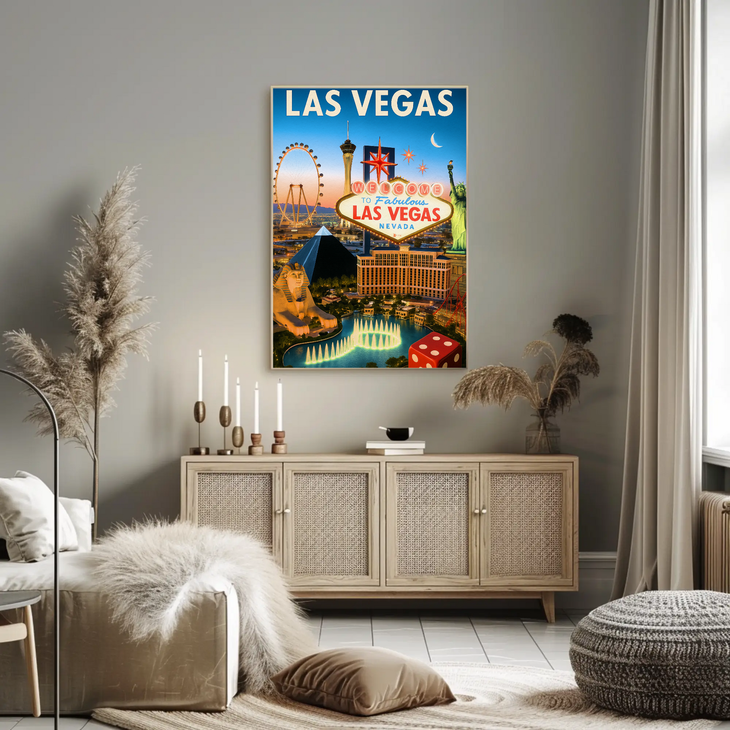 Las Vegas Iconic Landmarks Night Lights Vintage Travel Poster
