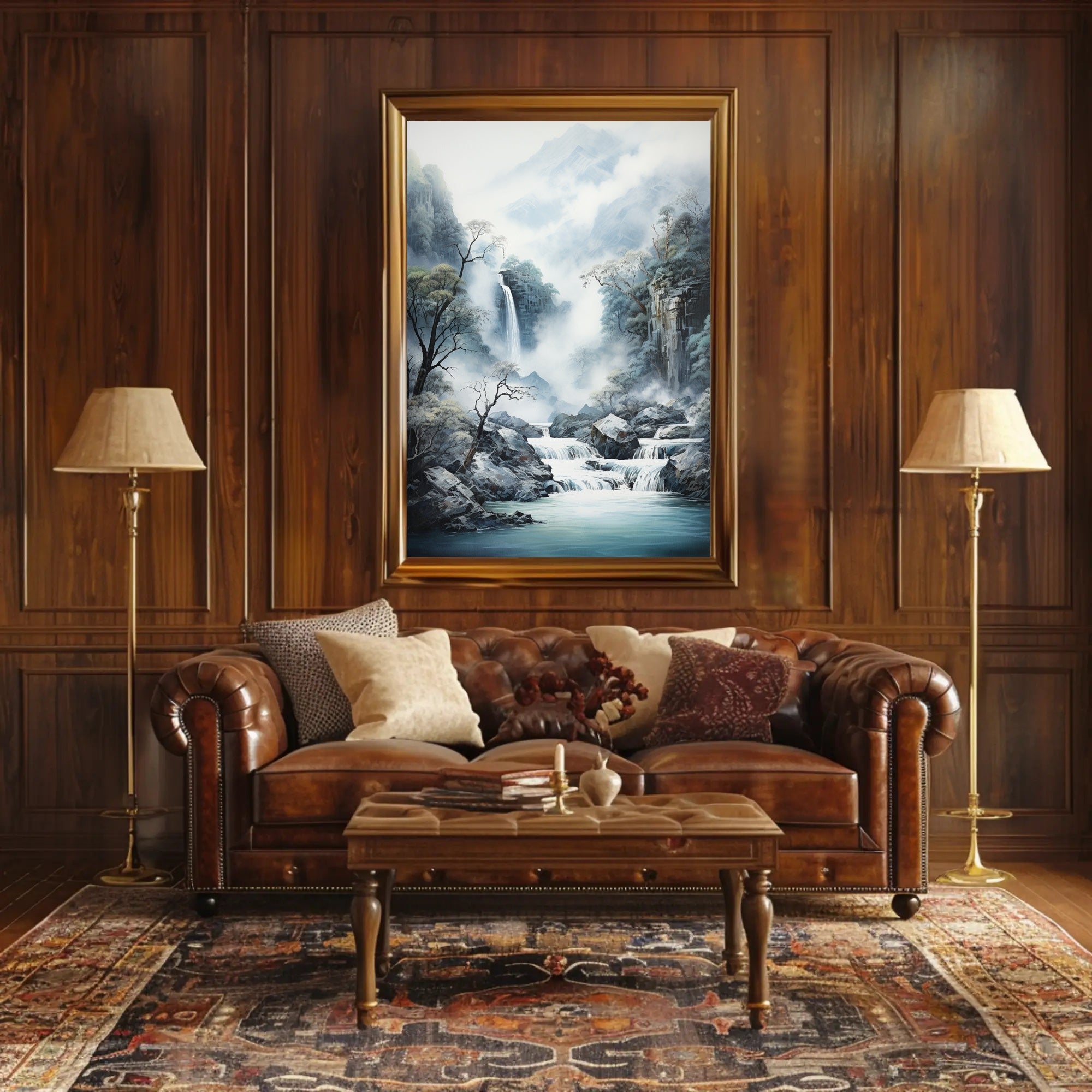 Tranquil Waterfall In Misty Mountains Poster