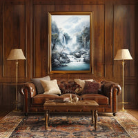 Tranquil Waterfall In Misty Mountains Poster