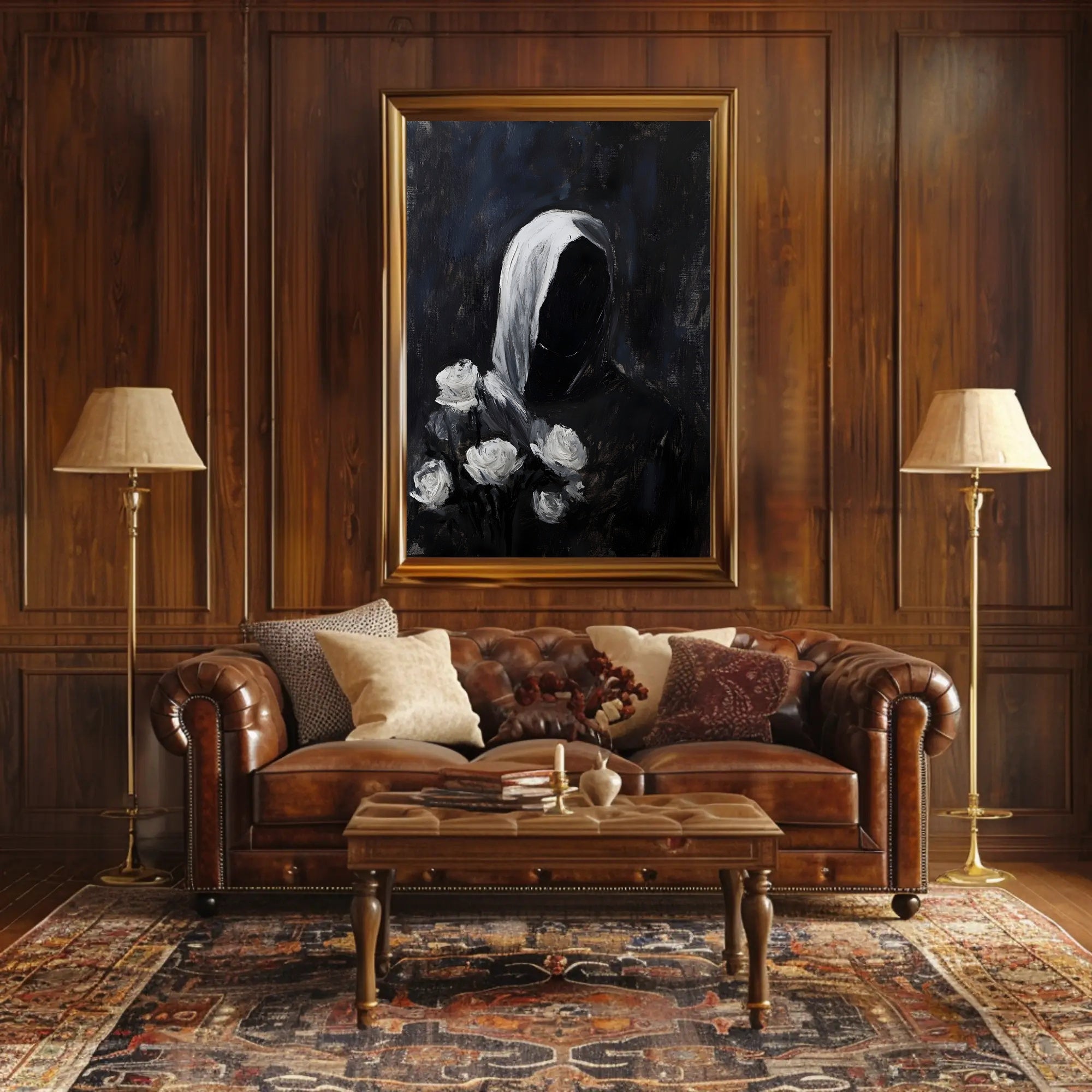 Cloaked Figure with Roses Abstract Artistic Poster PosterGoat