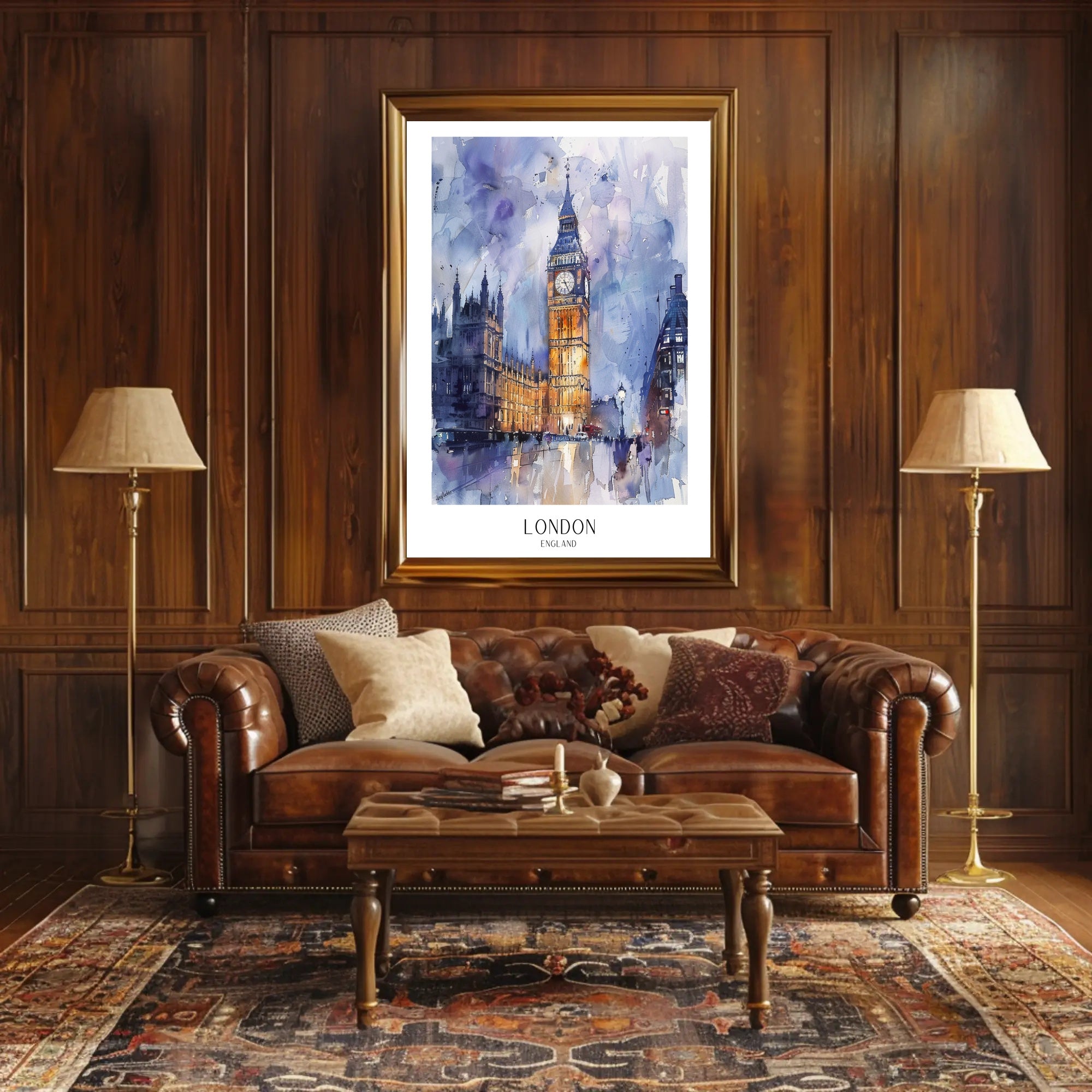 London Watercolor Cityscape: Big Ben & Parliament Travel Poster PosterGoat