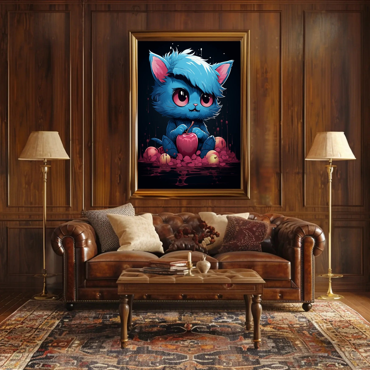 Enigmatic Blue Cat With Apple Poster