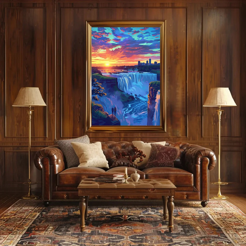 Majestic Waterfall Sunset with City Skyline Poster