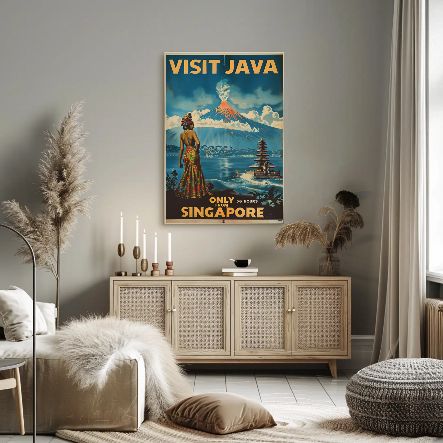 Visit Java Volcano Temple Woman View Vintage Travel Poster