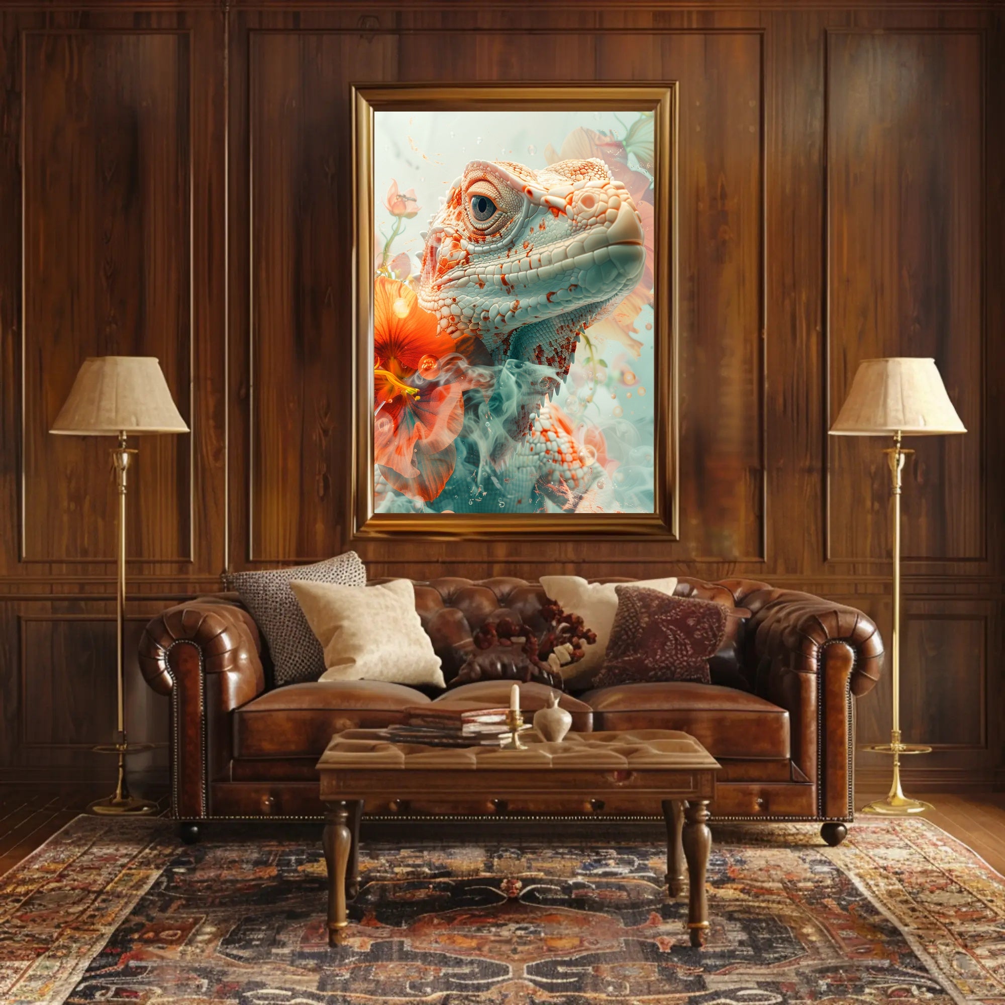 Lizard and Flowers: Ethereal Nature Art Poster PosterGoat