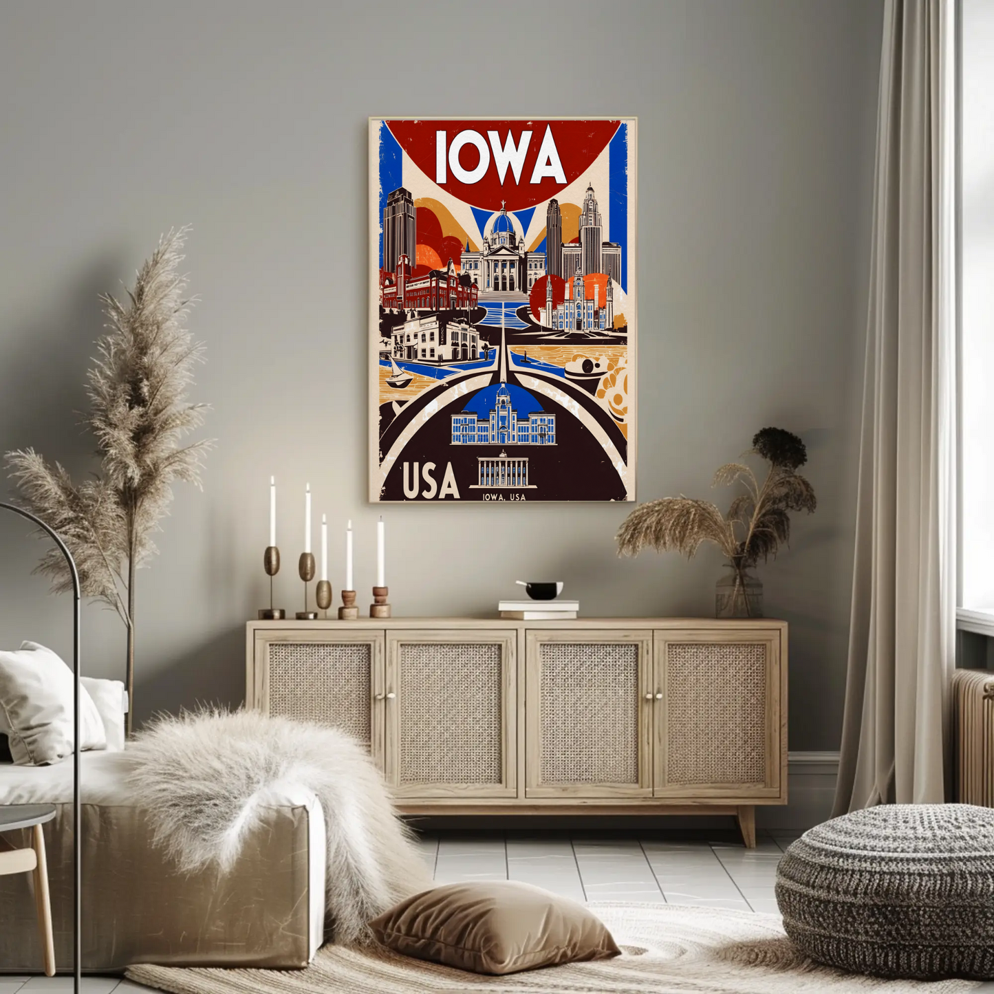 Iowa USA Civic Dome And Skyline Vintage Maroon Travel Poster