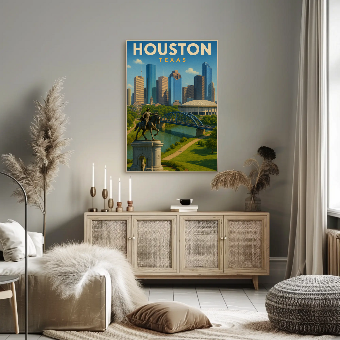 Houston Texas Skyline River Monument Vintage Travel Poster