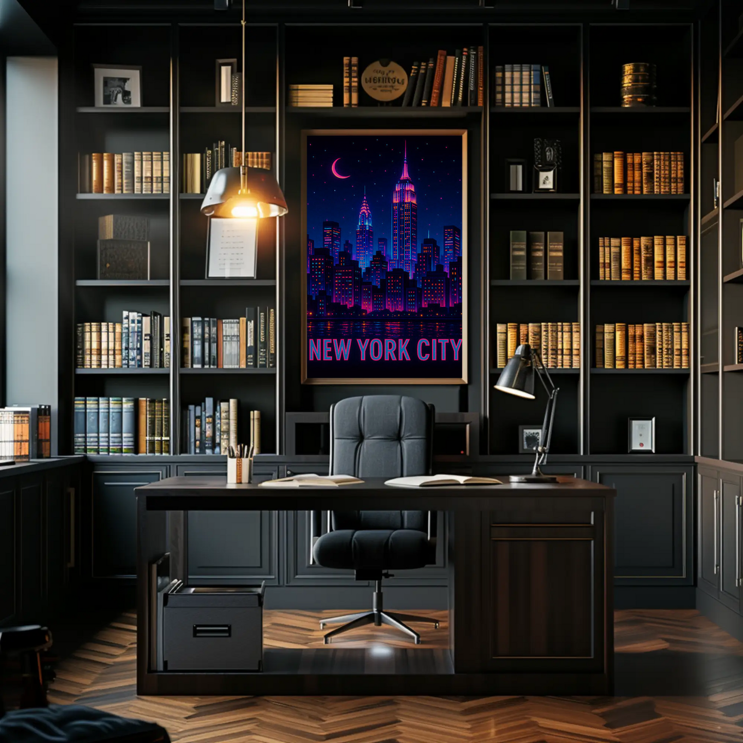 New York Neon Skyline Empire State Night Stars Travel Poster