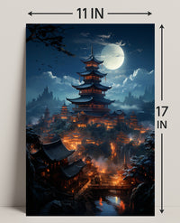 Moonlit Pagoda Village Poster