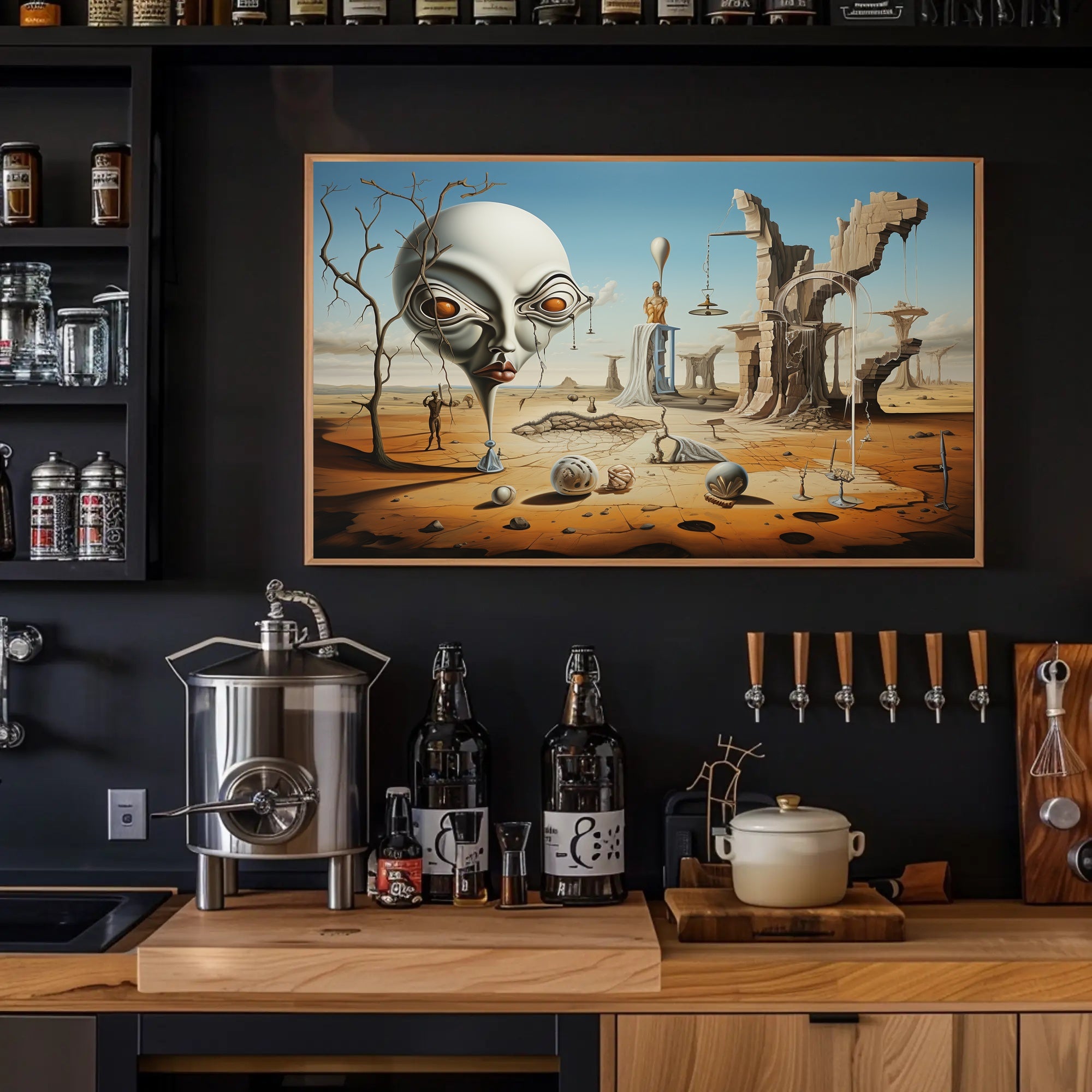 Surreal Desertscape with Abstract Alien Figure Artistic Poster