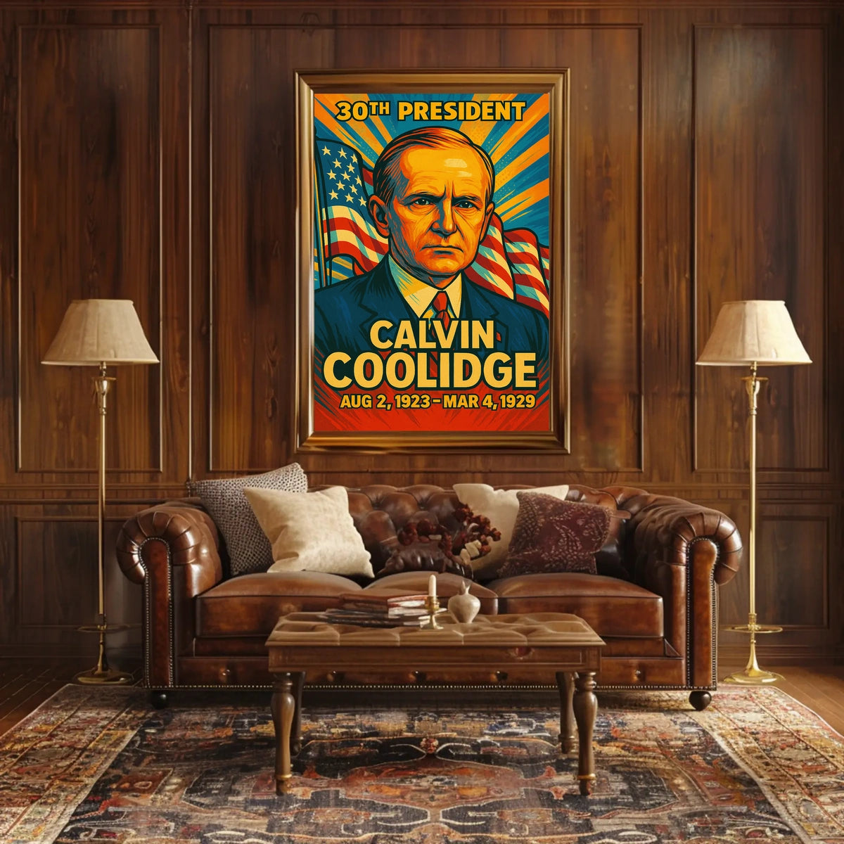 Calvin Coolidge 30th President of the United States Colorful Comic Book Style Poster