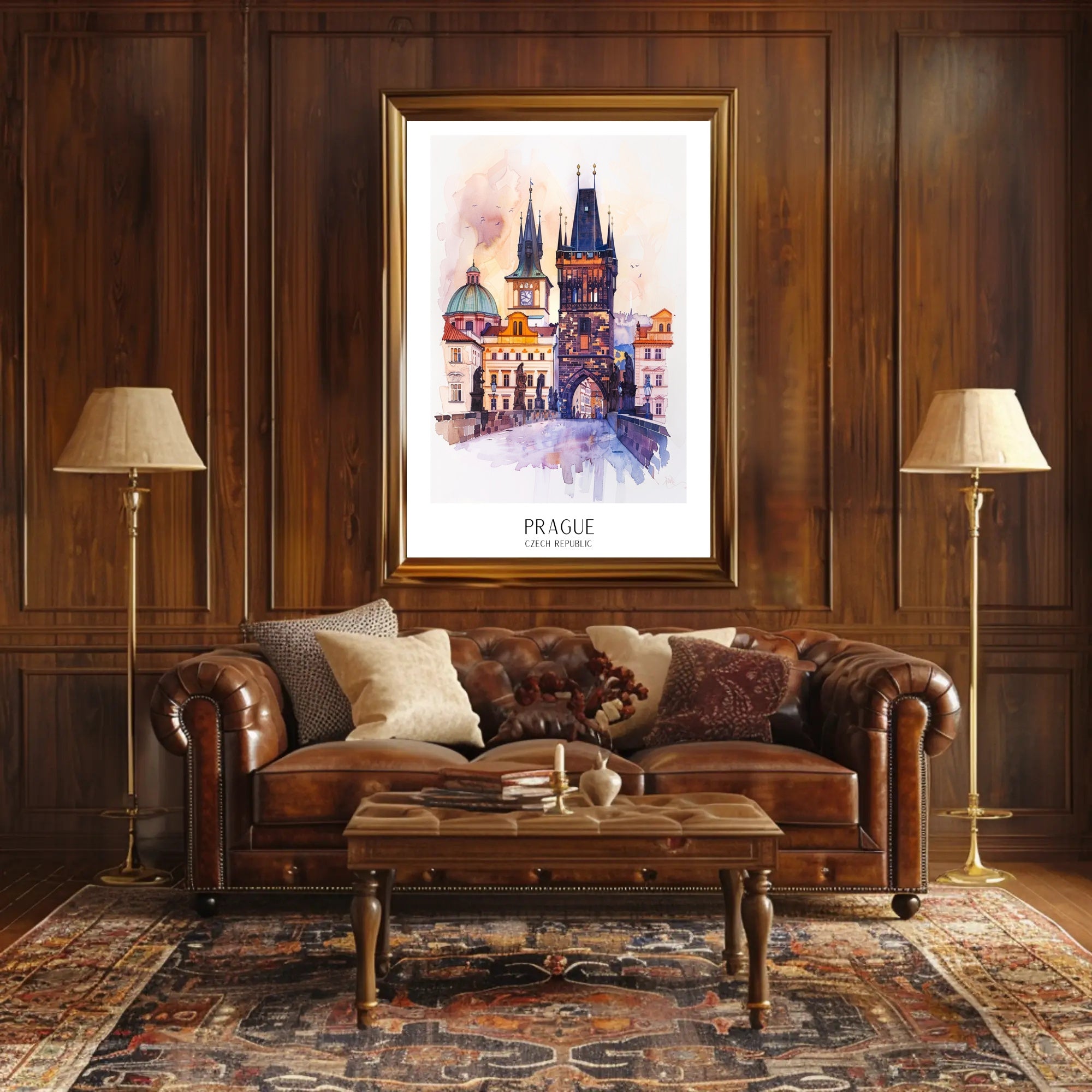 Prague's Charles Bridge Watercolor Urban or Cityscape Poster PosterGoat