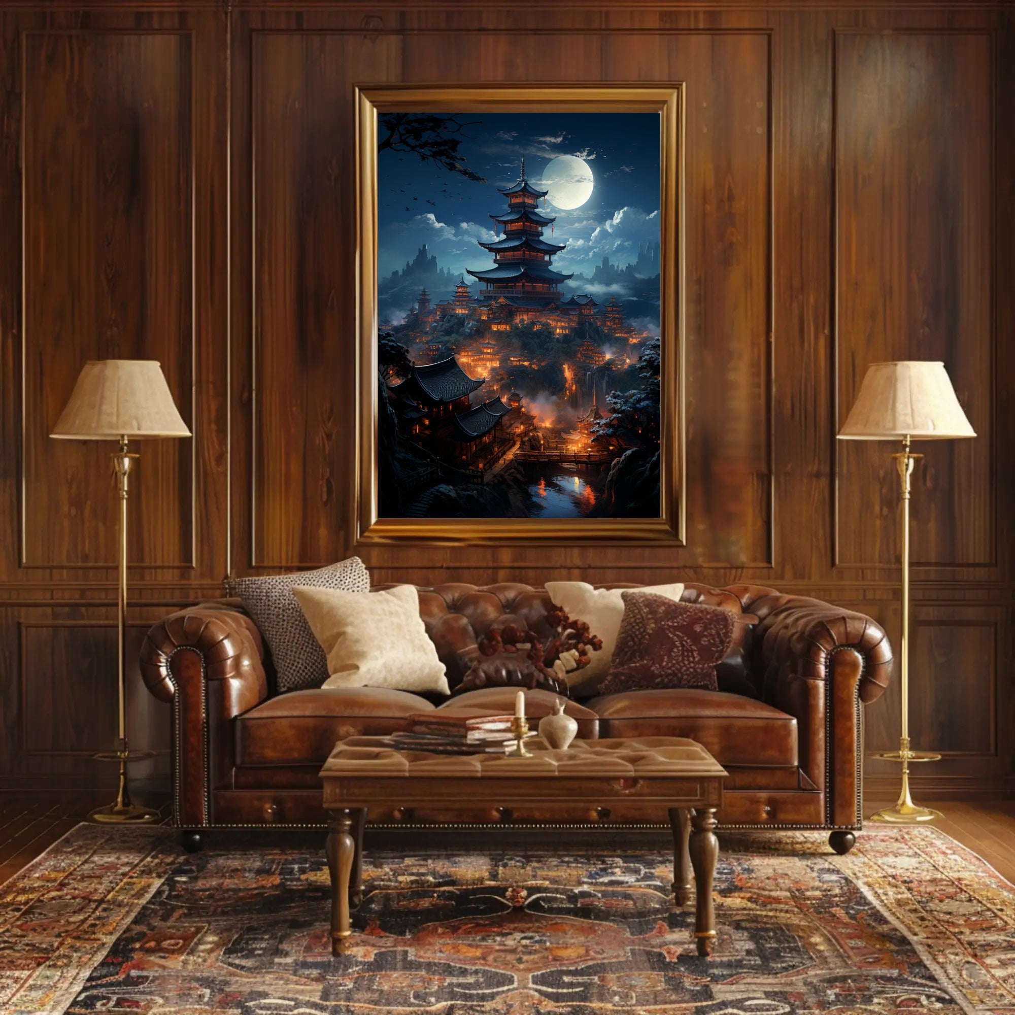 Moonlit Pagoda Village Poster