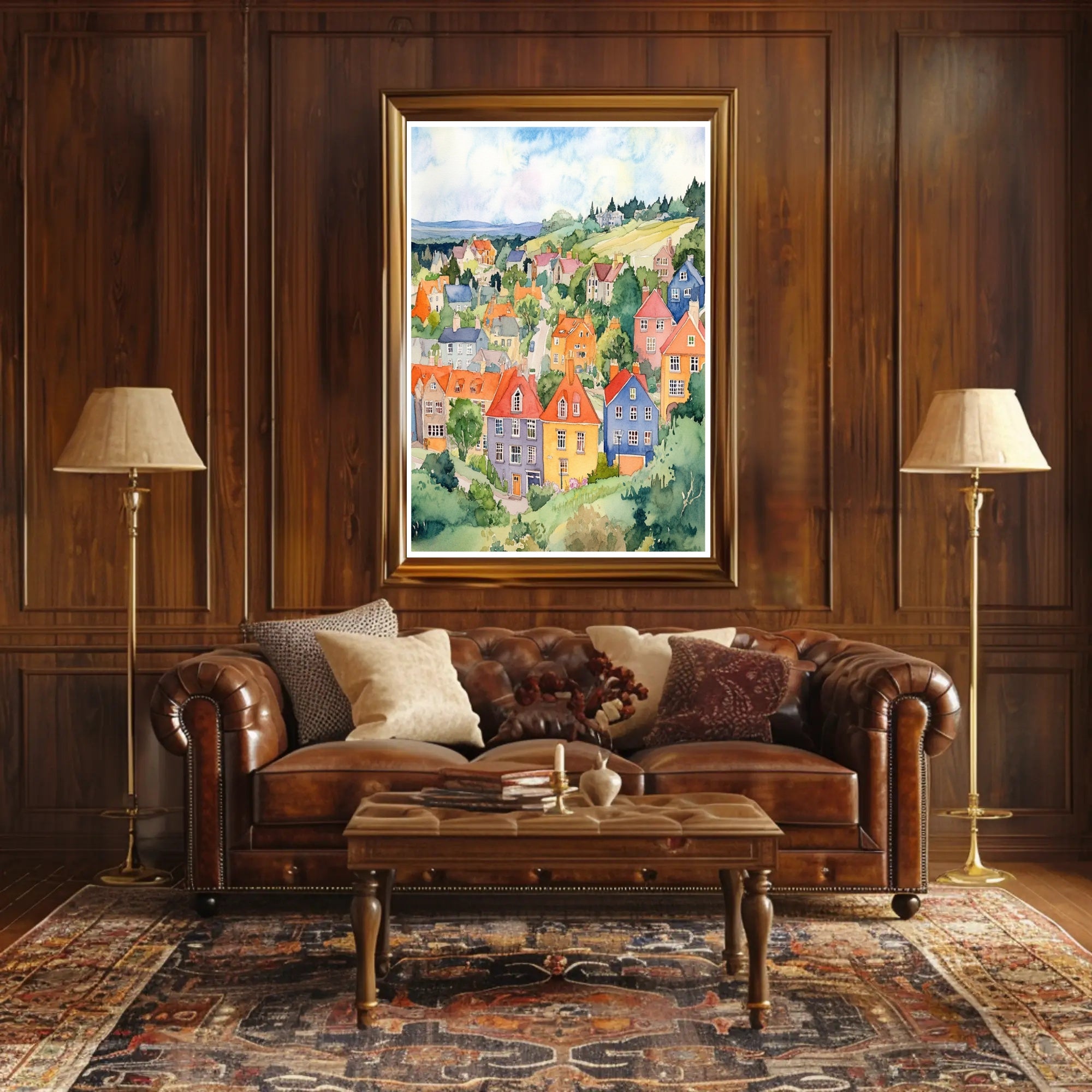 Colorful Hillside Village Poster PosterGoat